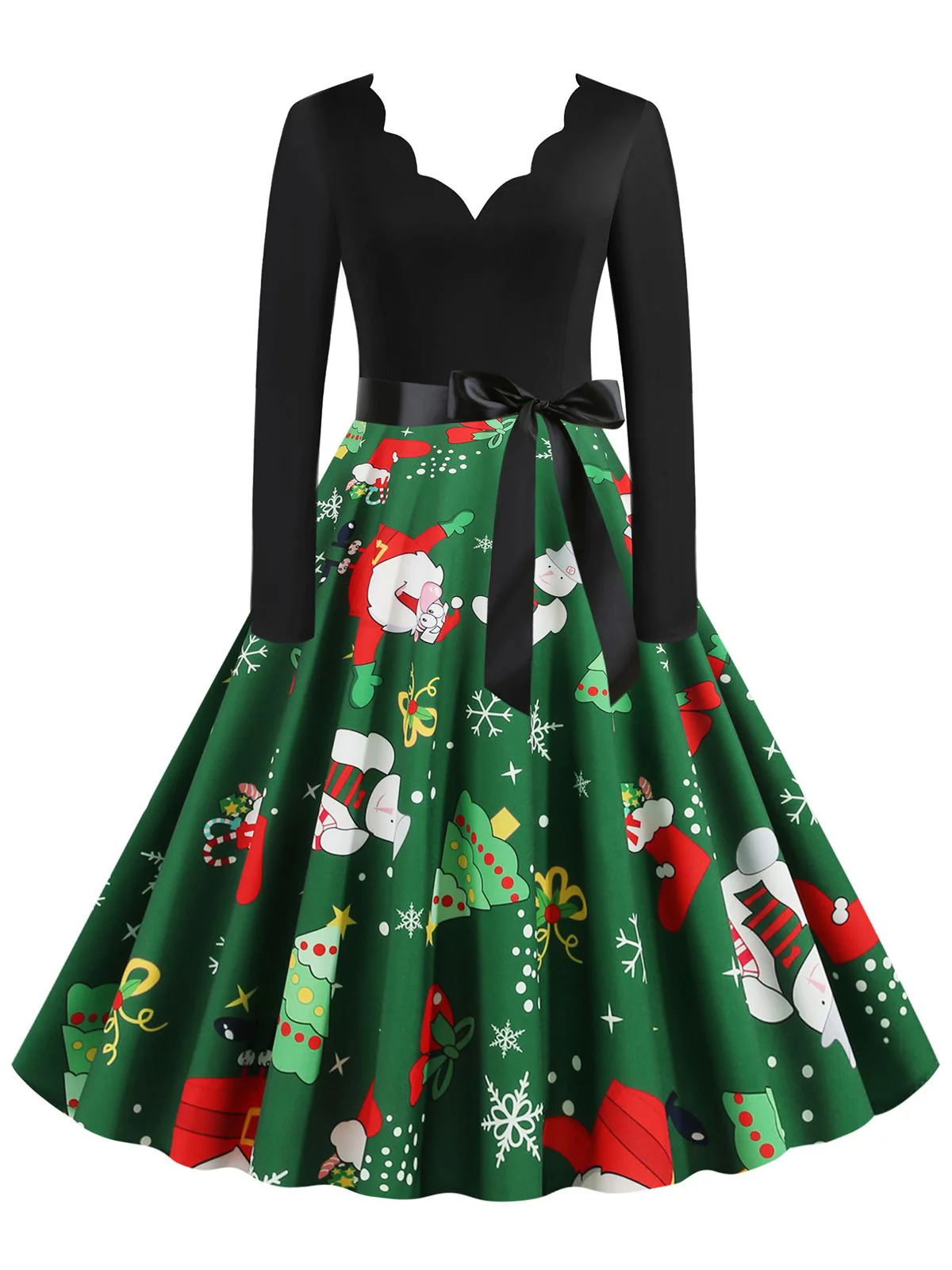 Schwarz 1950er Weihnachten V-Ausschnitt Patchwork Swing Kleid - Image 4