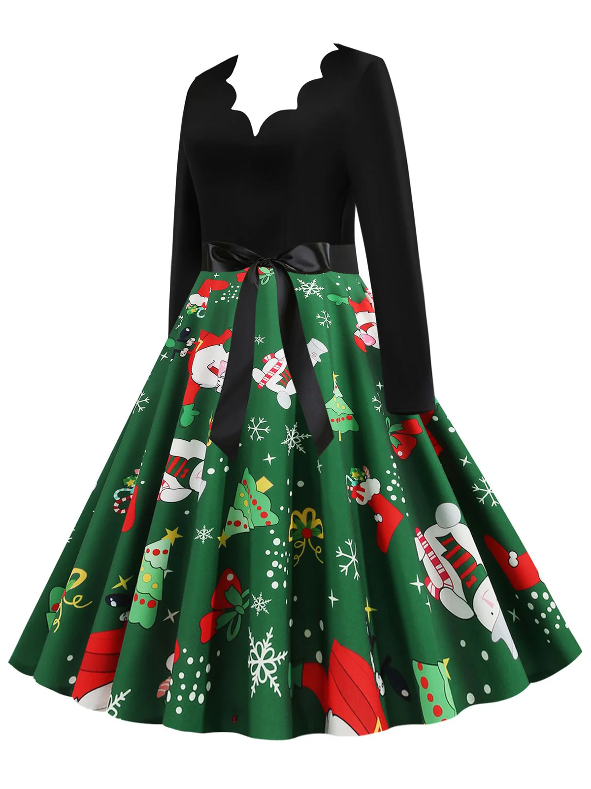 Schwarz 1950er Weihnachten V-Ausschnitt Patchwork Swing Kleid - Image 5