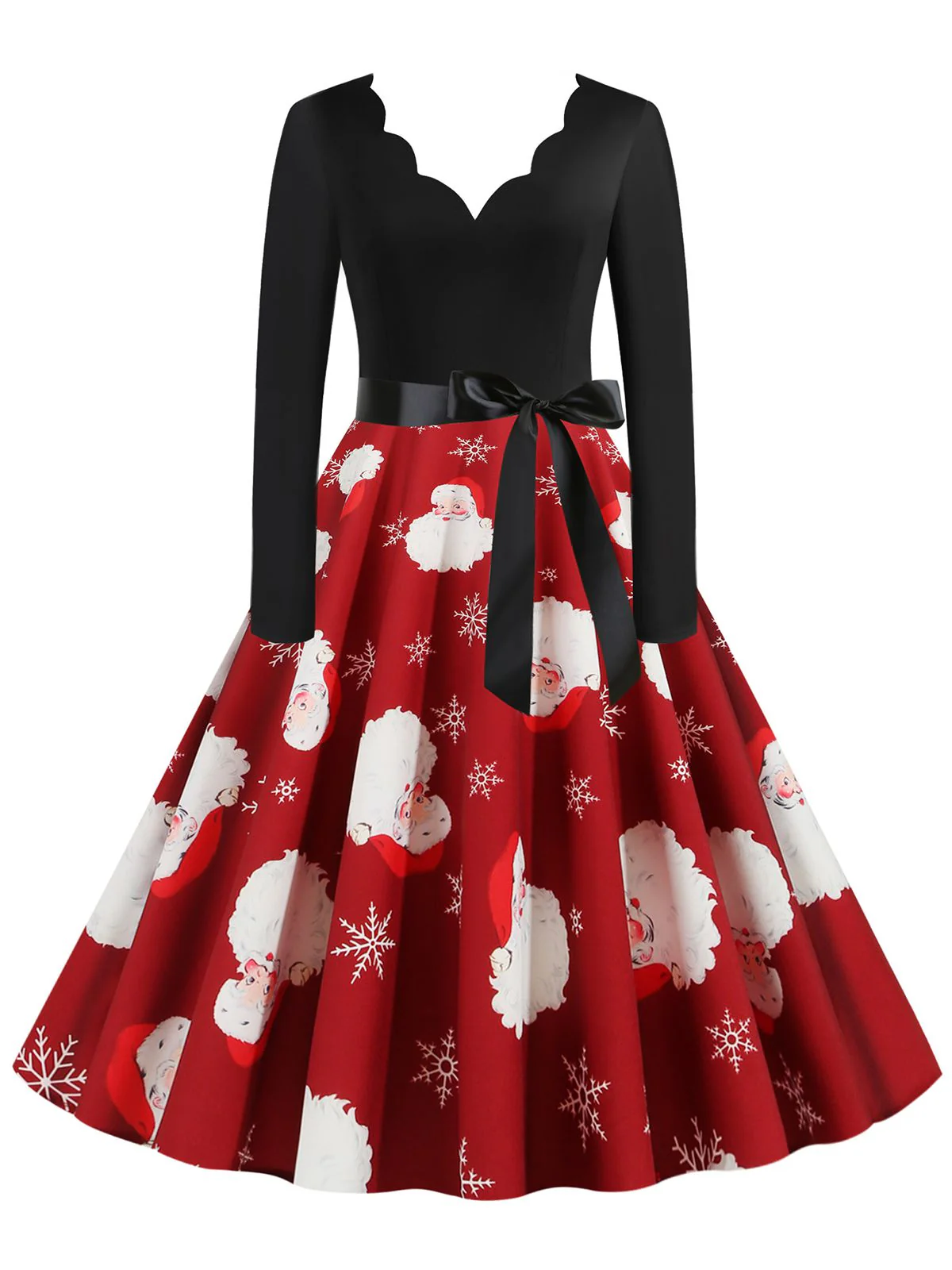 Schwarz 1950er Weihnachten V-Ausschnitt Patchwork Swing Kleid - Image 8