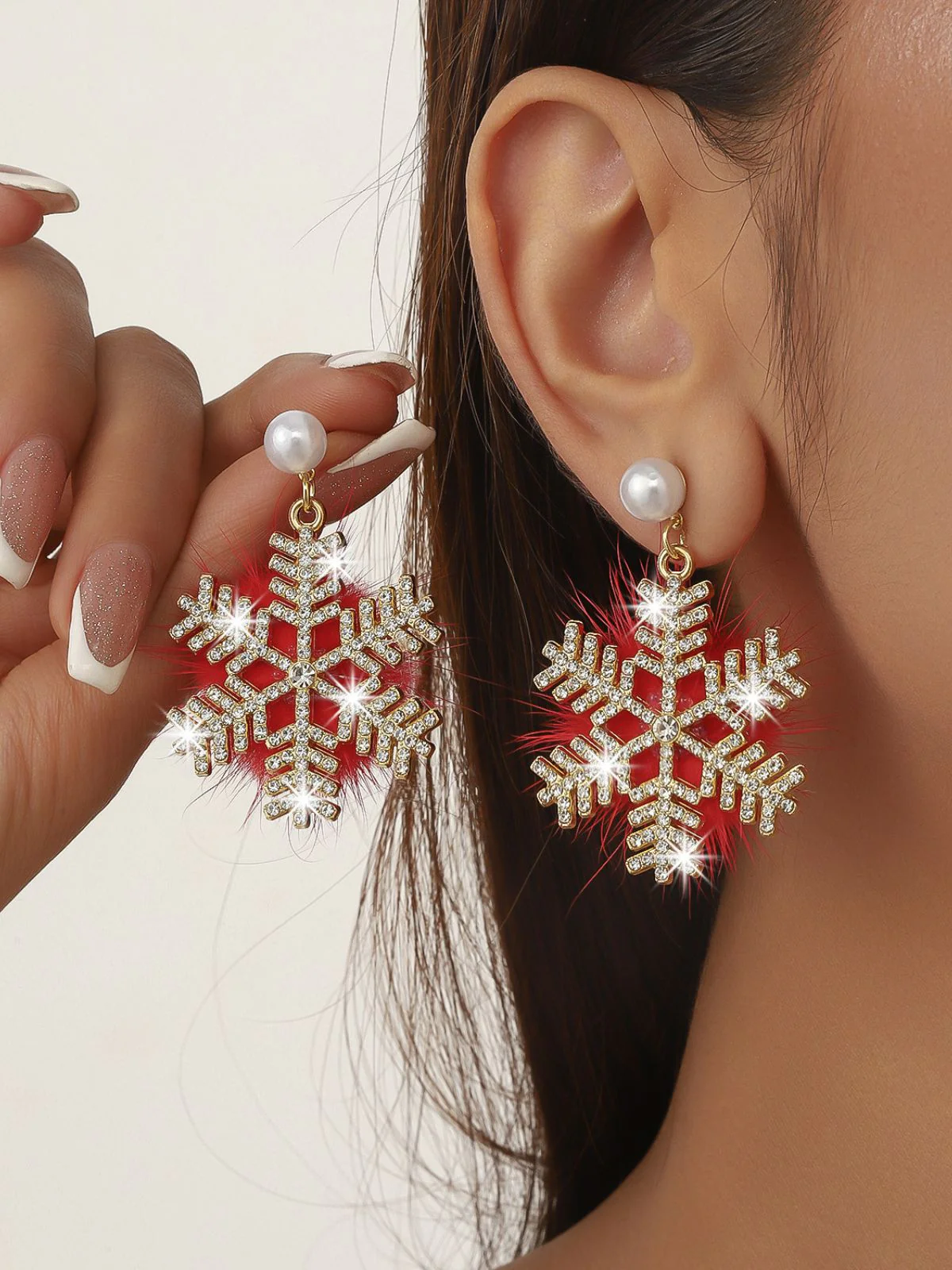 Weihnachten Flauschige Schneeflocke Diamant Perle Ohrringe - Image 3