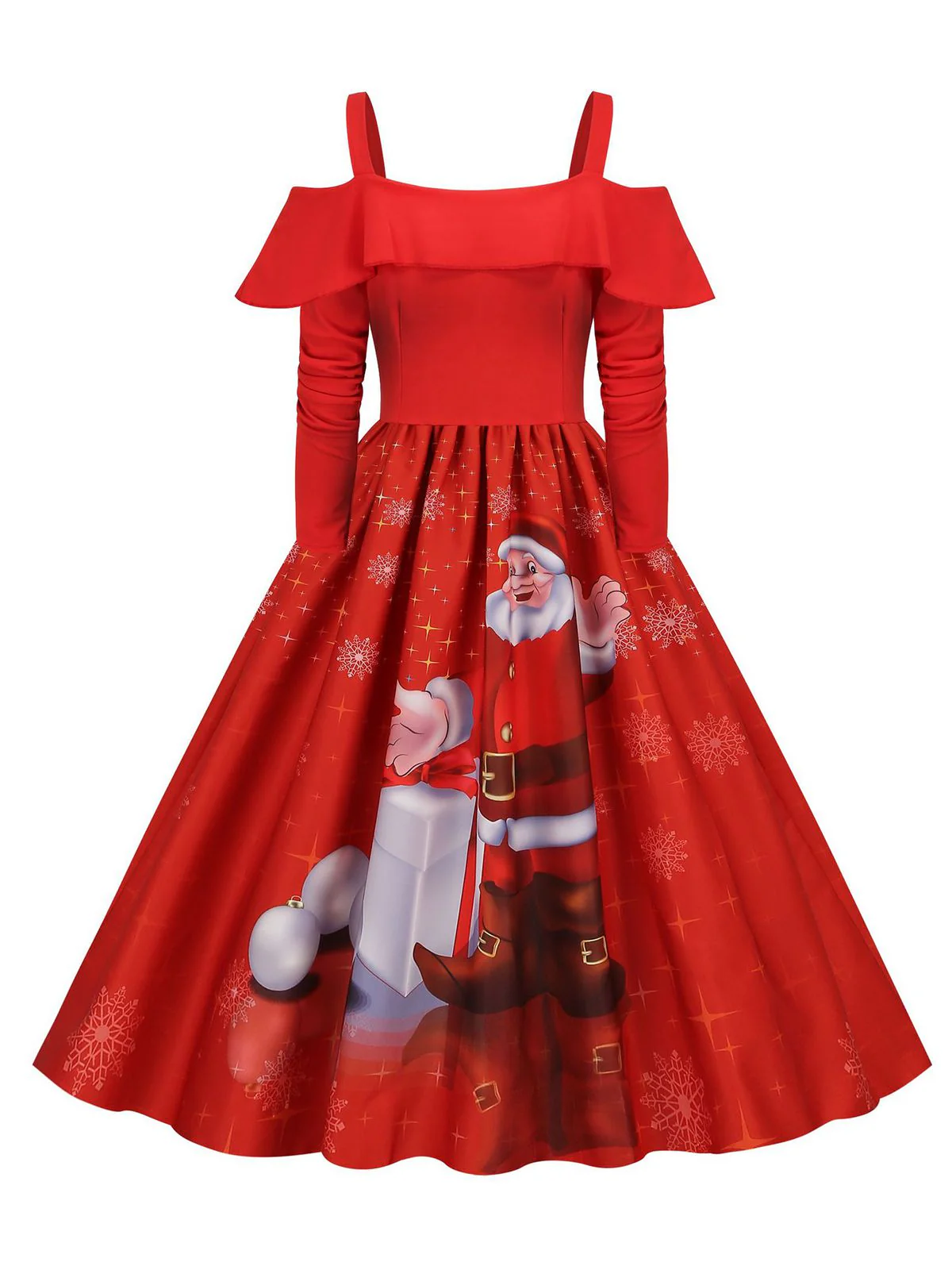 Weihnachten 1950er Hosenträger Rüsche Langarm Kleid - Image 3