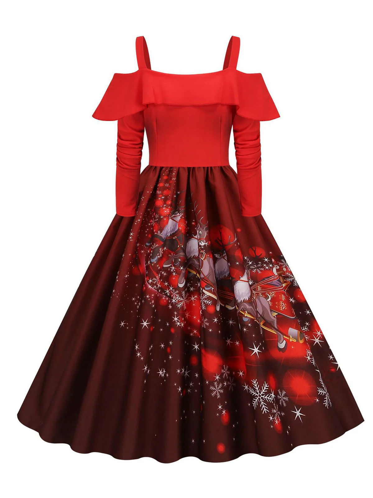 Weihnachten 1950er Hosenträger Rüsche Langarm Kleid - Image 4