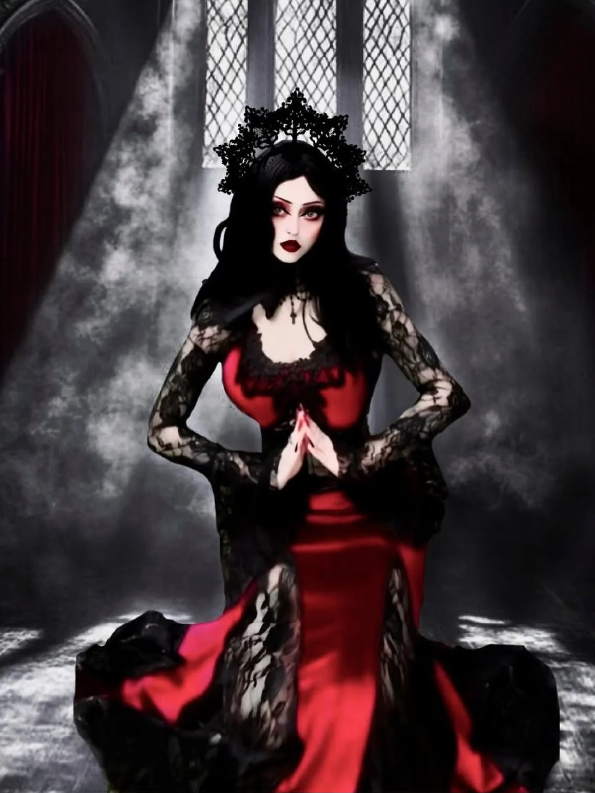 Weinrot 1930er Gothic Hexen Vampir Spitze Langarm Meerjungfrauenkleid - Image 3