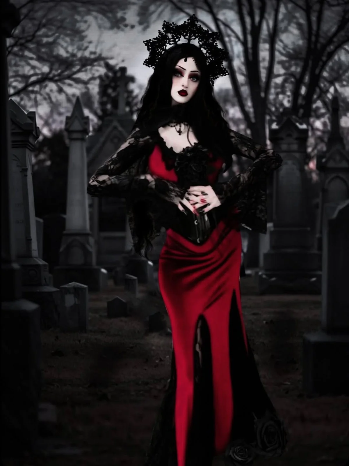 Weinrot 1930er Gothic Hexen Vampir Spitze Langarm Meerjungfrauenkleid - Image 2