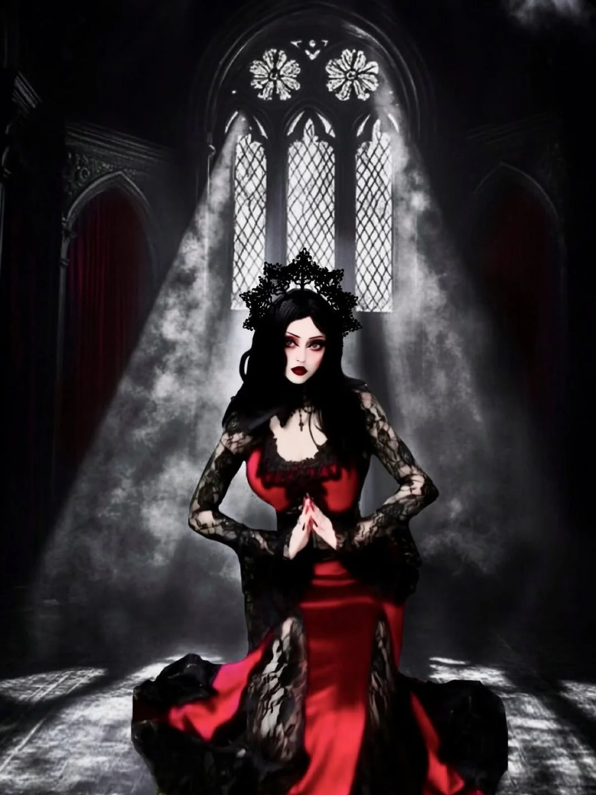 Weinrot 1930er Gothic Hexen Vampir Spitze Langarm Meerjungfrauenkleid - Image 3