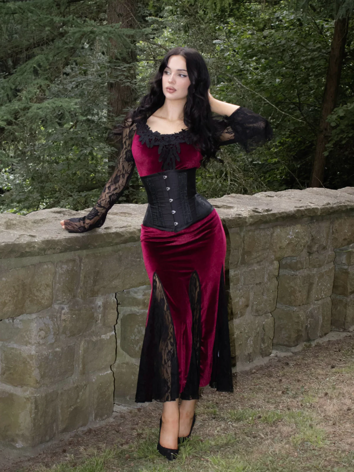 Weinrot 1930er Gothic Hexen Vampir Spitze Langarm Meerjungfrauenkleid - Image 2