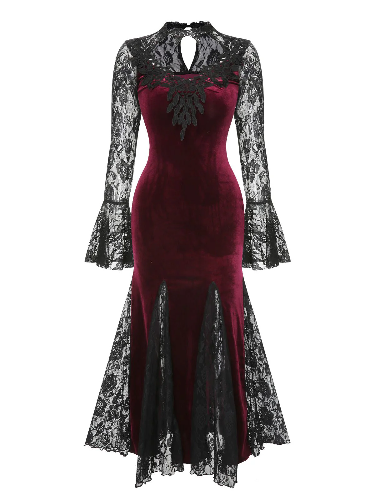 Weinrot 1930er Gothic Hexen Vampir Spitze Langarm Meerjungfrauenkleid - Image 4