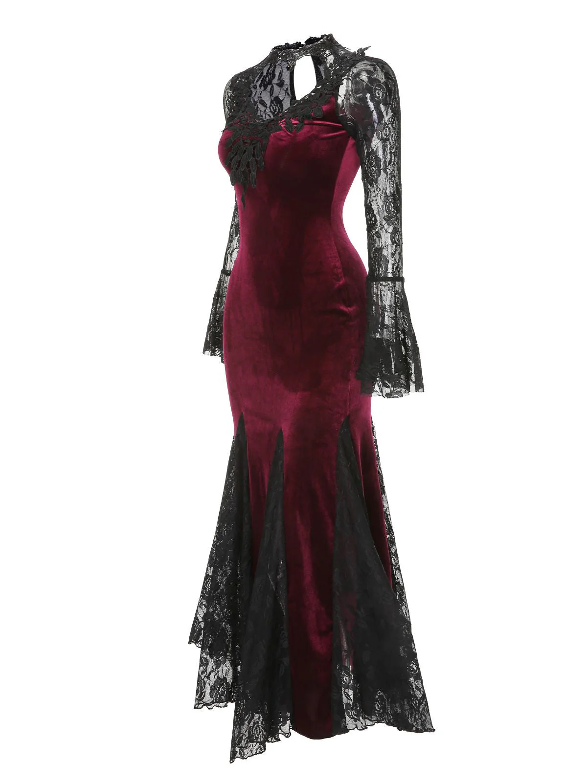 Weinrot 1930er Gothic Hexen Vampir Spitze Langarm Meerjungfrauenkleid - Image 5