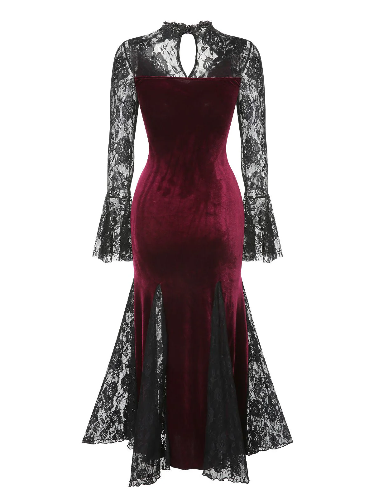 Weinrot 1930er Gothic Hexen Vampir Spitze Langarm Meerjungfrauenkleid - Image 6