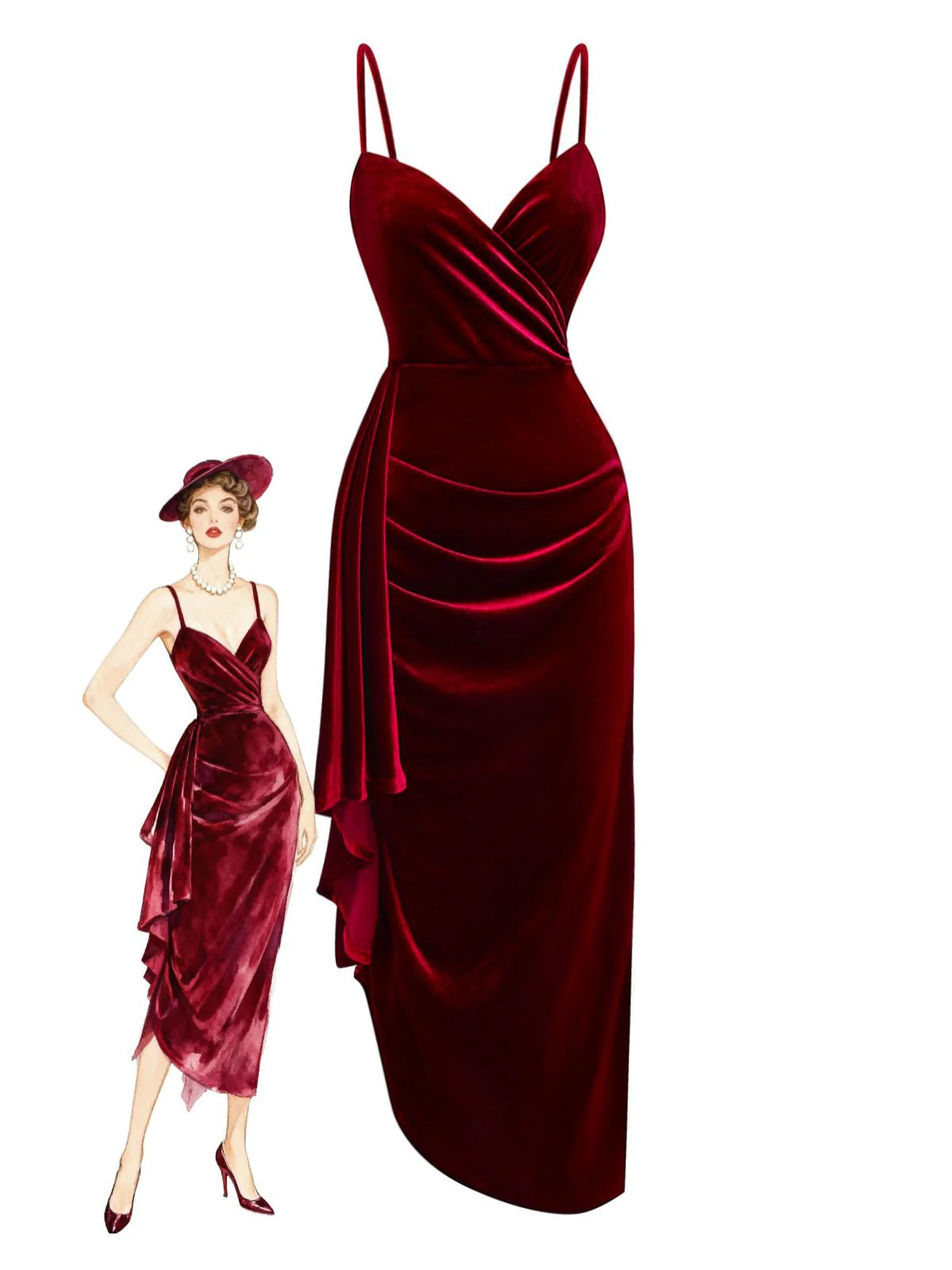 Weinrot 1930er Samt Rüschensaum Kleid