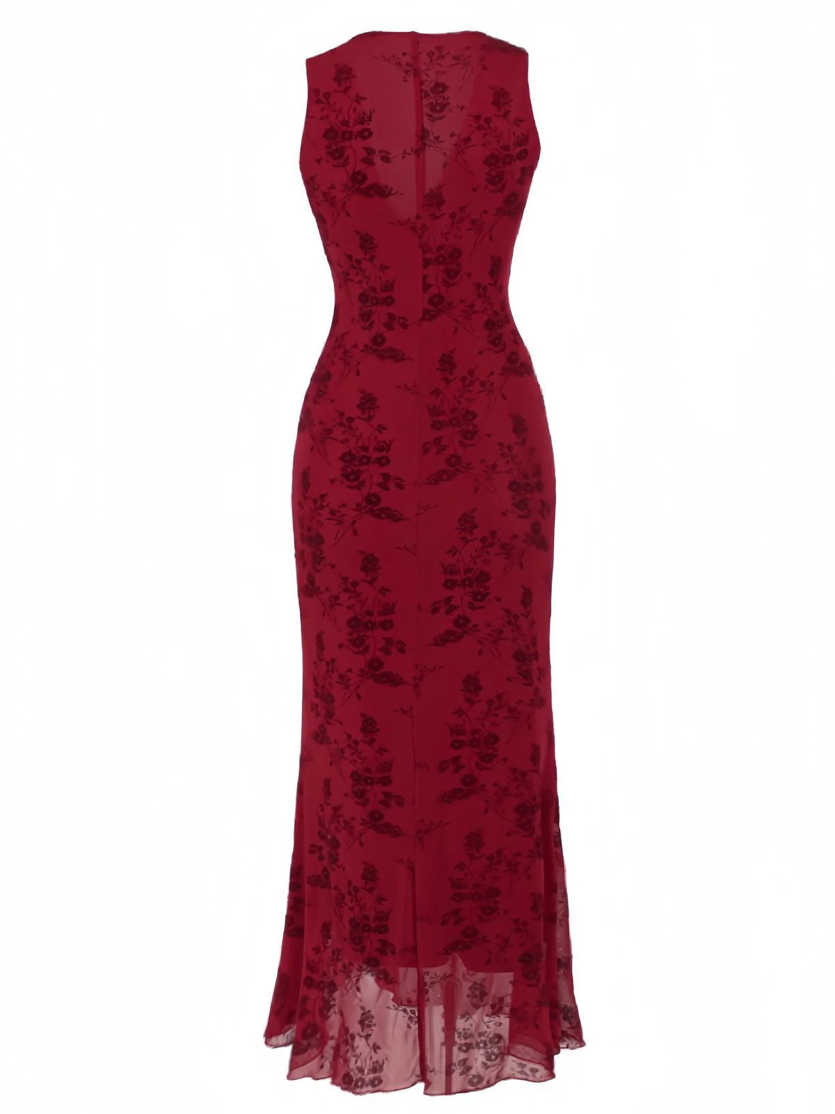 Weinrot 1930er V-Ausschnitt Blumen Netz Kleid - Image 2