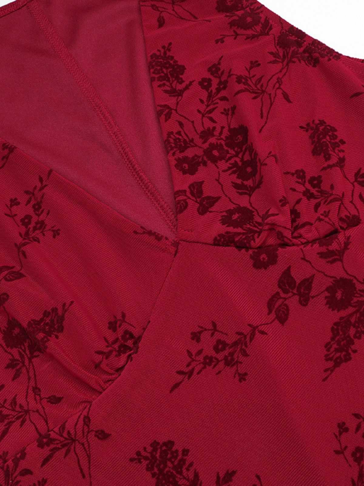 Weinrot 1930er V-Ausschnitt Blumen Netz Kleid - Image 3