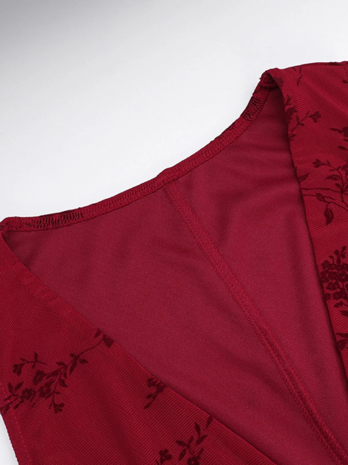 Weinrot 1930er V-Ausschnitt Blumen Netz Kleid - Image 4