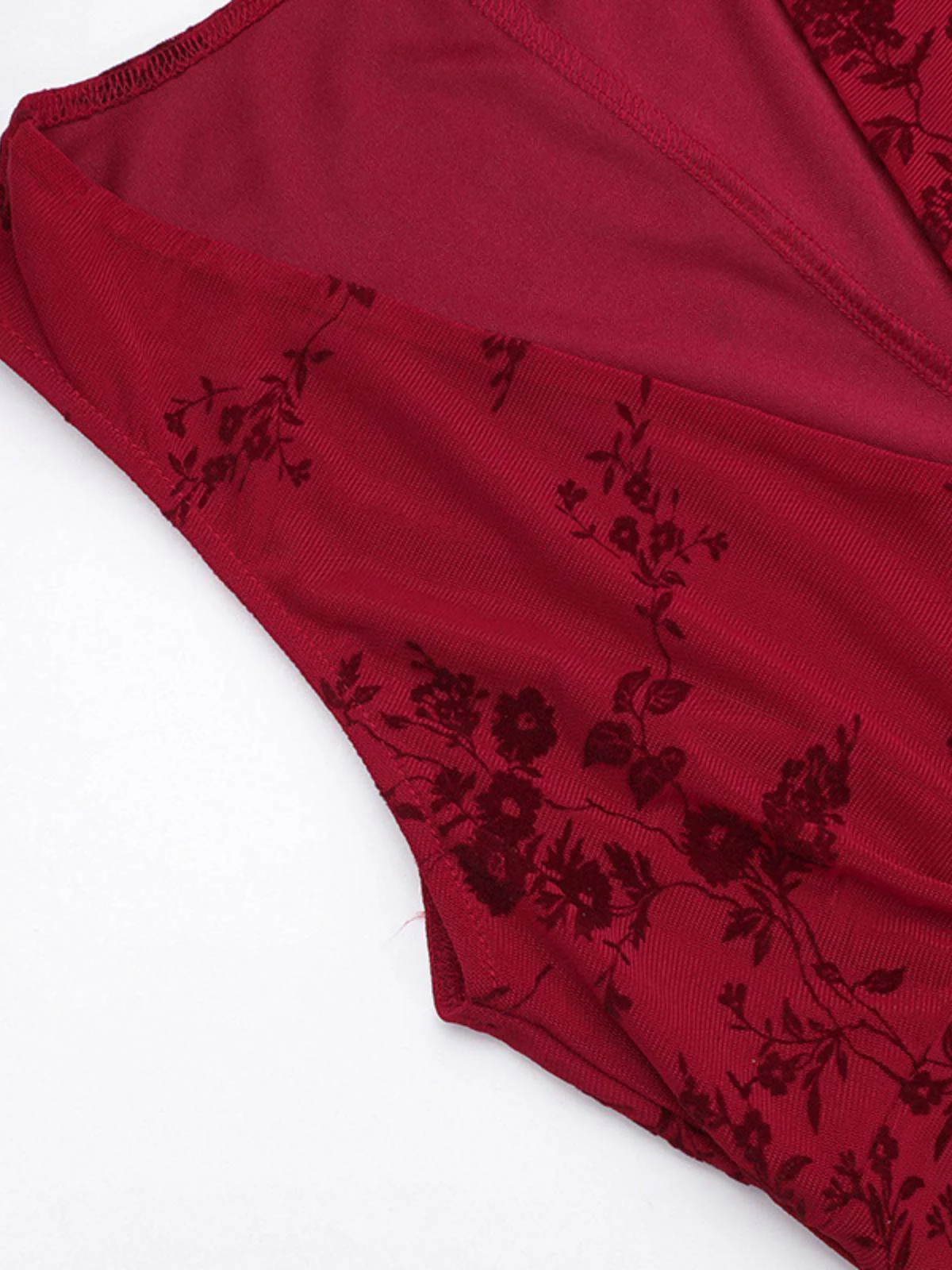 Weinrot 1930er V-Ausschnitt Blumen Netz Kleid - Image 5