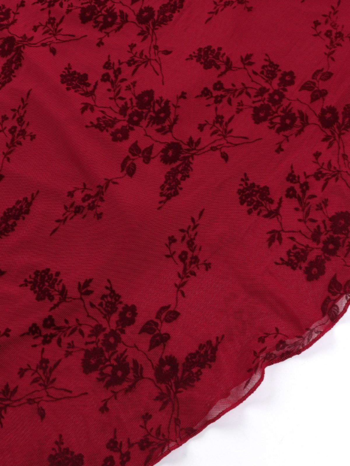 Weinrot 1930er V-Ausschnitt Blumen Netz Kleid - Image 8