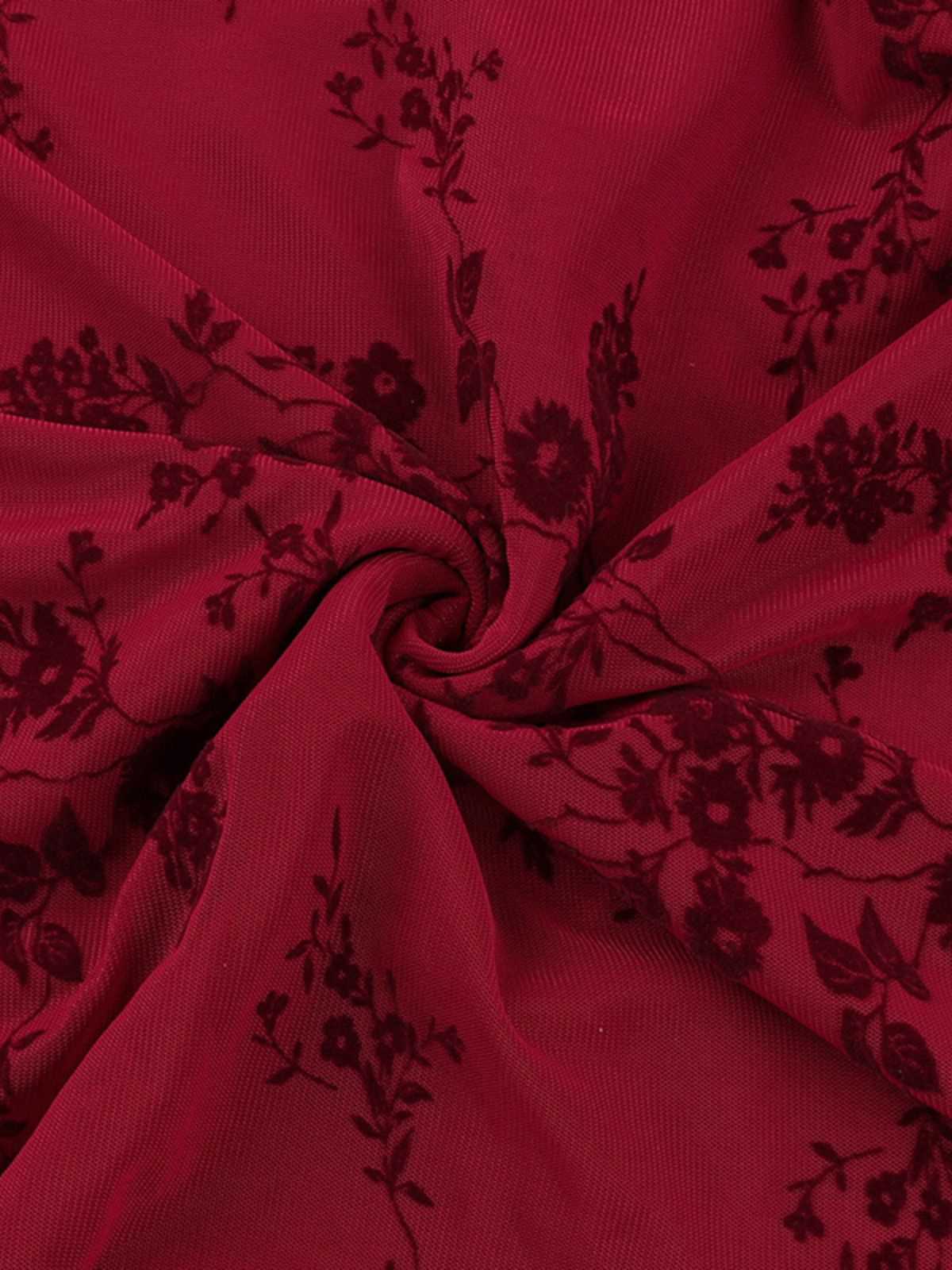 Weinrot 1930er V-Ausschnitt Blumen Netz Kleid - Image 9