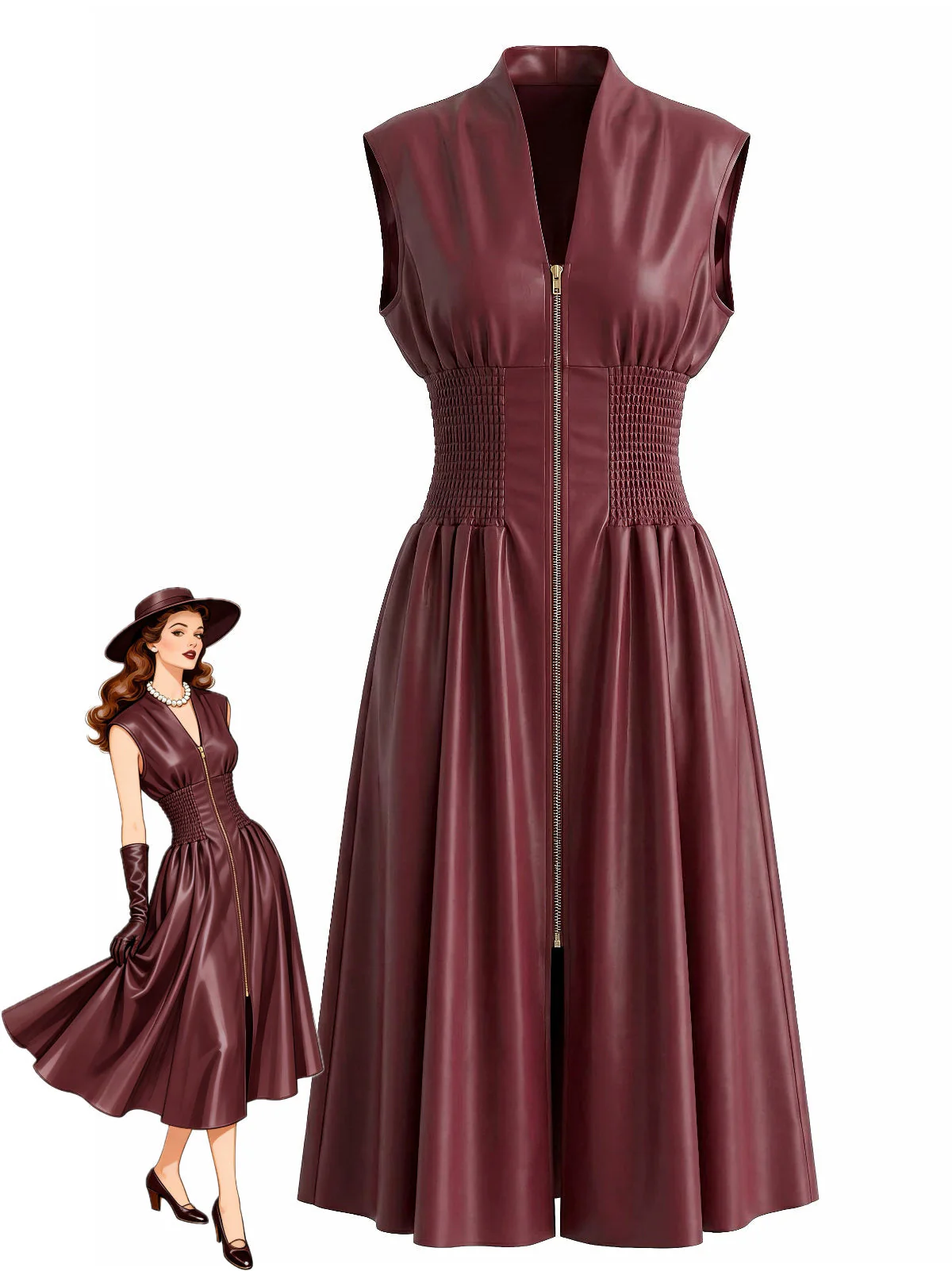 Weinrot 1940er Kunst Leder Flügelärmel Tailliert Kleid