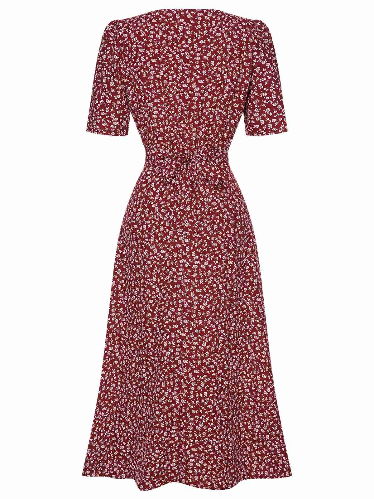 [Vorverkauf] Weinrot 1940er V-Ausschnitt Ditsy Blumen Kleid - Image 4