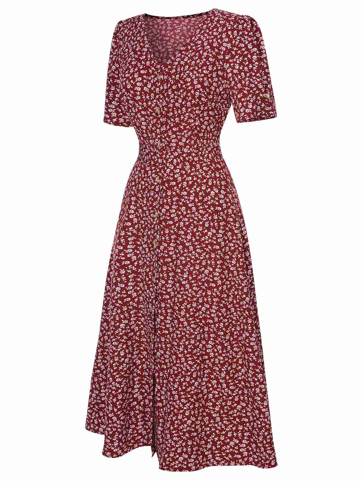 [Vorverkauf] Weinrot 1940er V-Ausschnitt Ditsy Blumen Kleid - Image 5