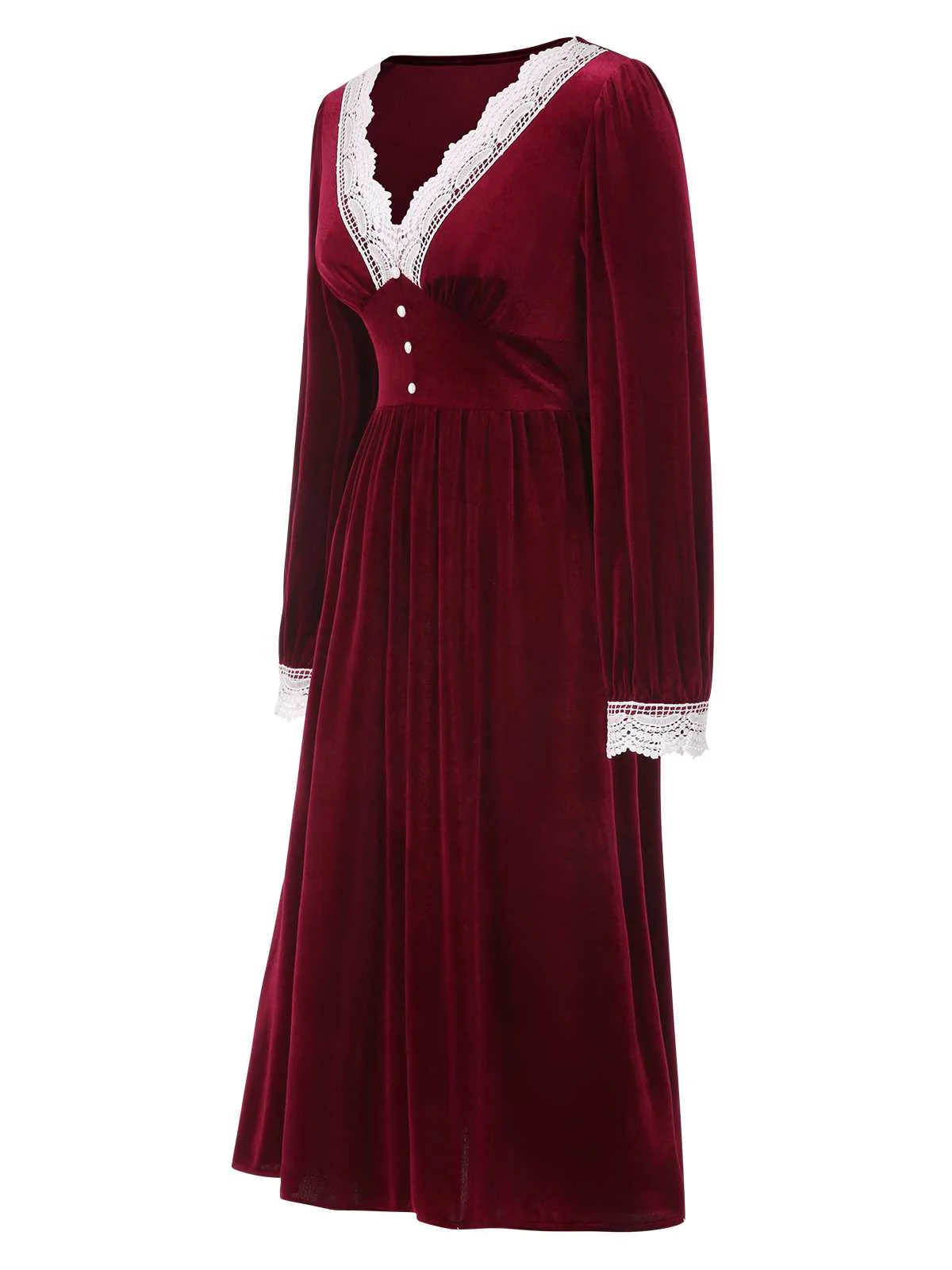 Weinrot 1940er V-Ausschnitt Samt Spitze Kleid - Image 2