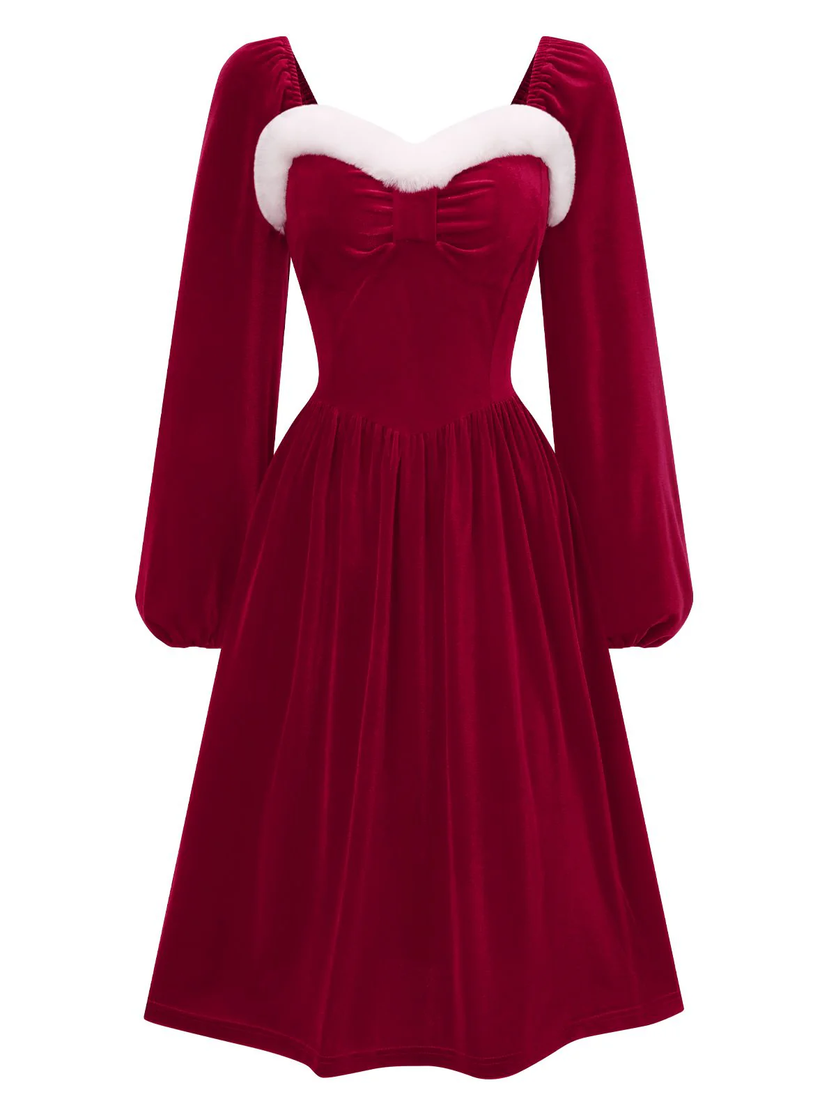 Weinrot 1940er Weihnachten Pelzkragen Solide Kleid - Image 2