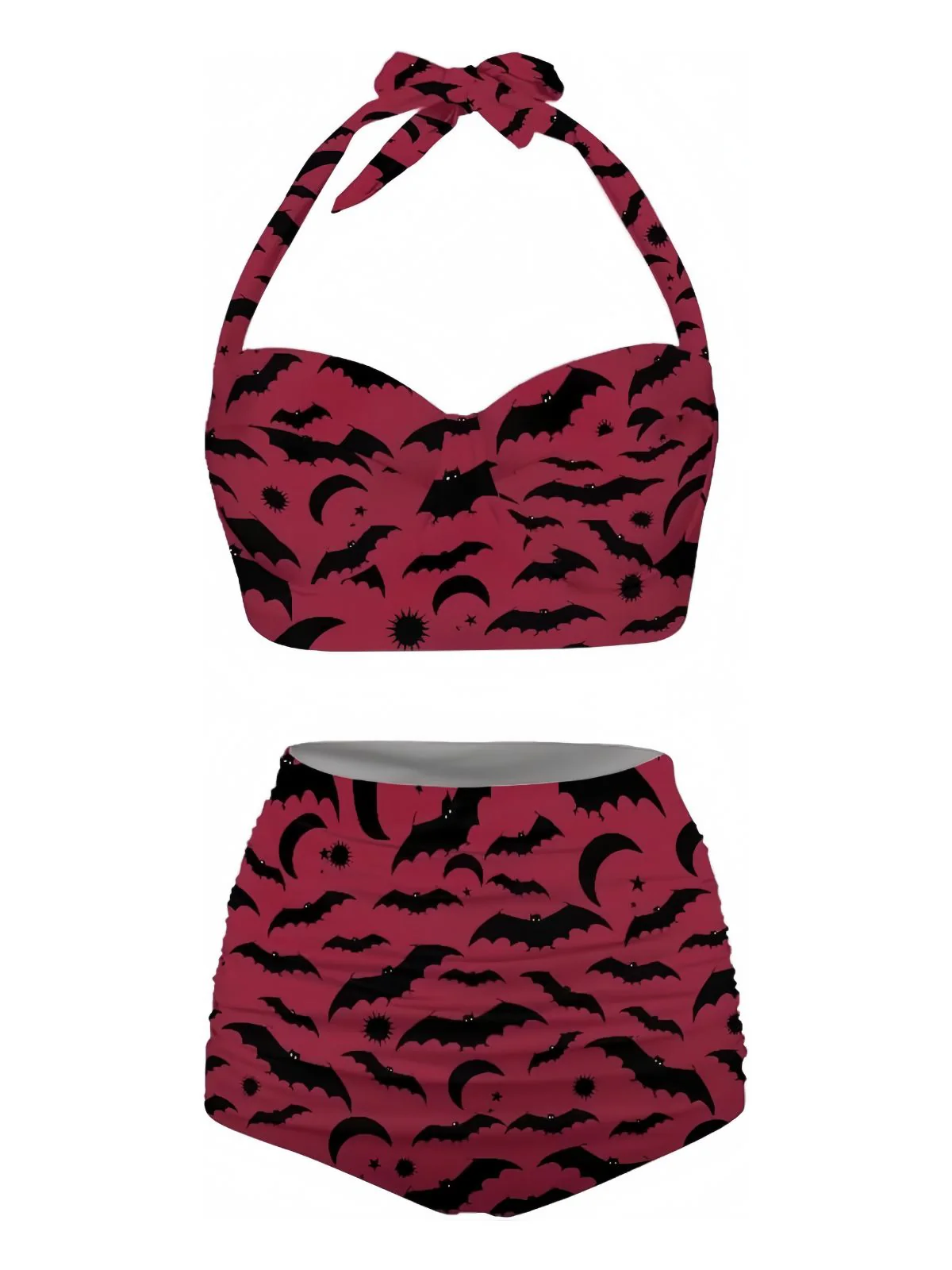 Weinrot 1950er Fledermaus Schnürung Halfter Bikini Set