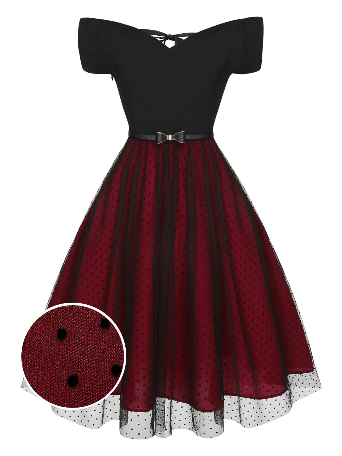 Weinrot 1950er Gepunktetes Kleid Mit Schultergürtel - Image 5