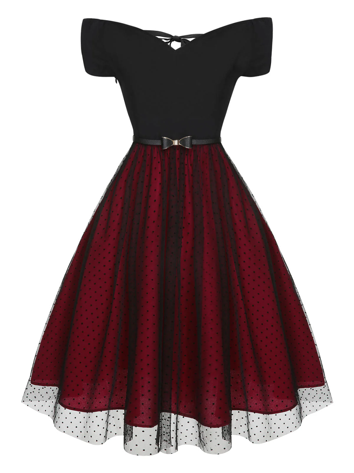 Weinrot 1950er Gepunktetes Kleid Mit Schultergürtel - Image 6