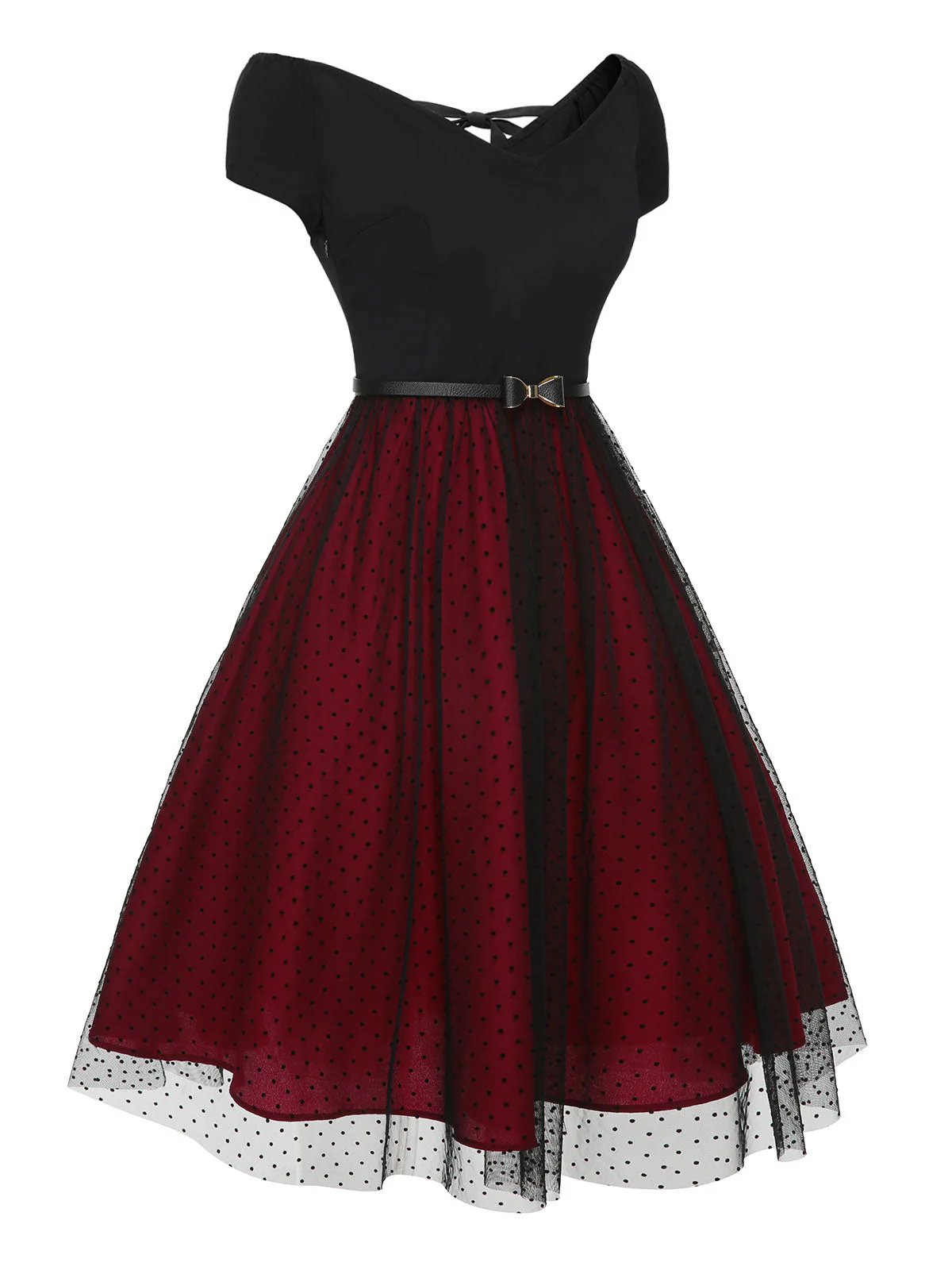 Weinrot 1950er Gepunktetes Kleid Mit Schultergürtel - Image 7