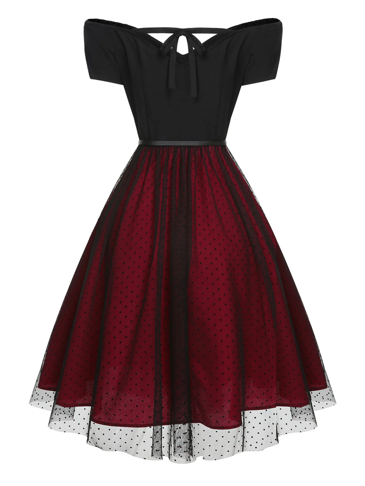 Weinrot 1950er Gepunktetes Kleid Mit Schultergürtel - Image 8