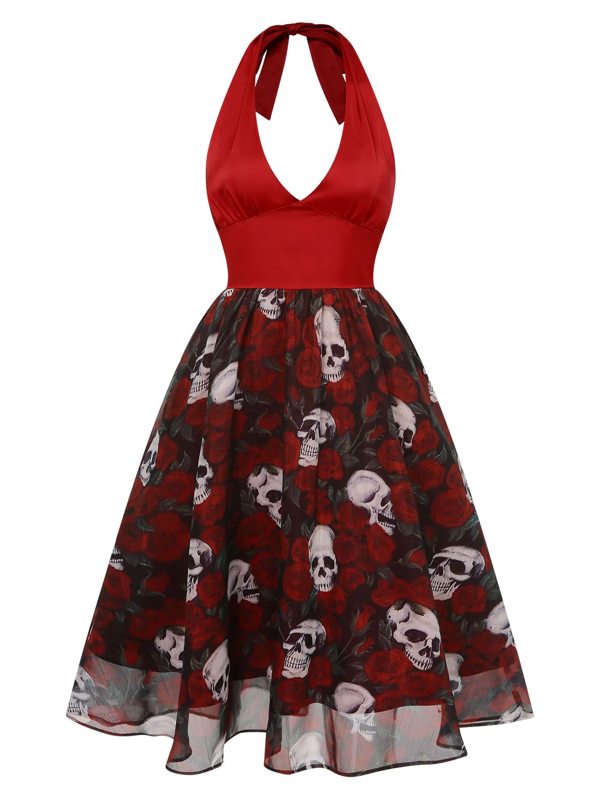 Weinrot 1950er Halter Halloween Roses Skeleton Masche Kleid - Image 2