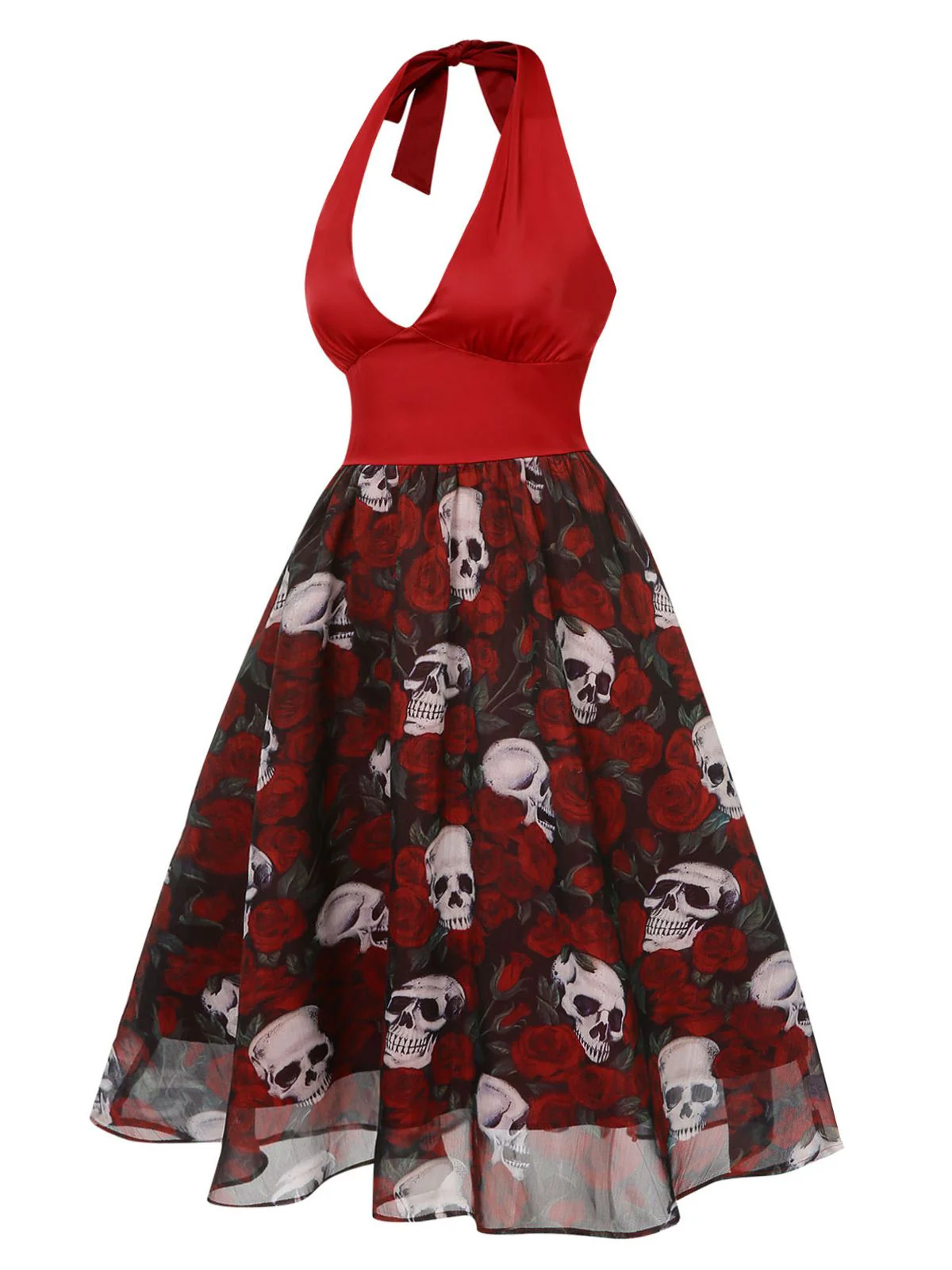 Weinrot 1950er Halter Halloween Roses Skeleton Masche Kleid - Image 3