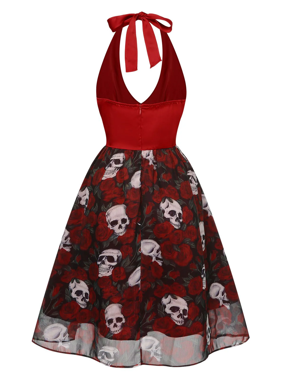 Weinrot 1950er Halter Halloween Roses Skeleton Masche Kleid - Image 4