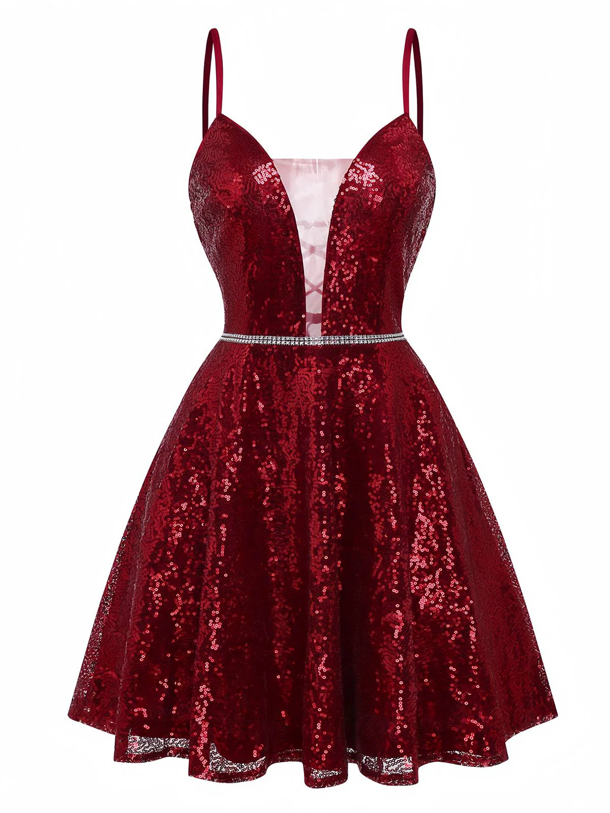 Weinrot 1950er Pailletten Tief-V Netz Kleid - Image 2
