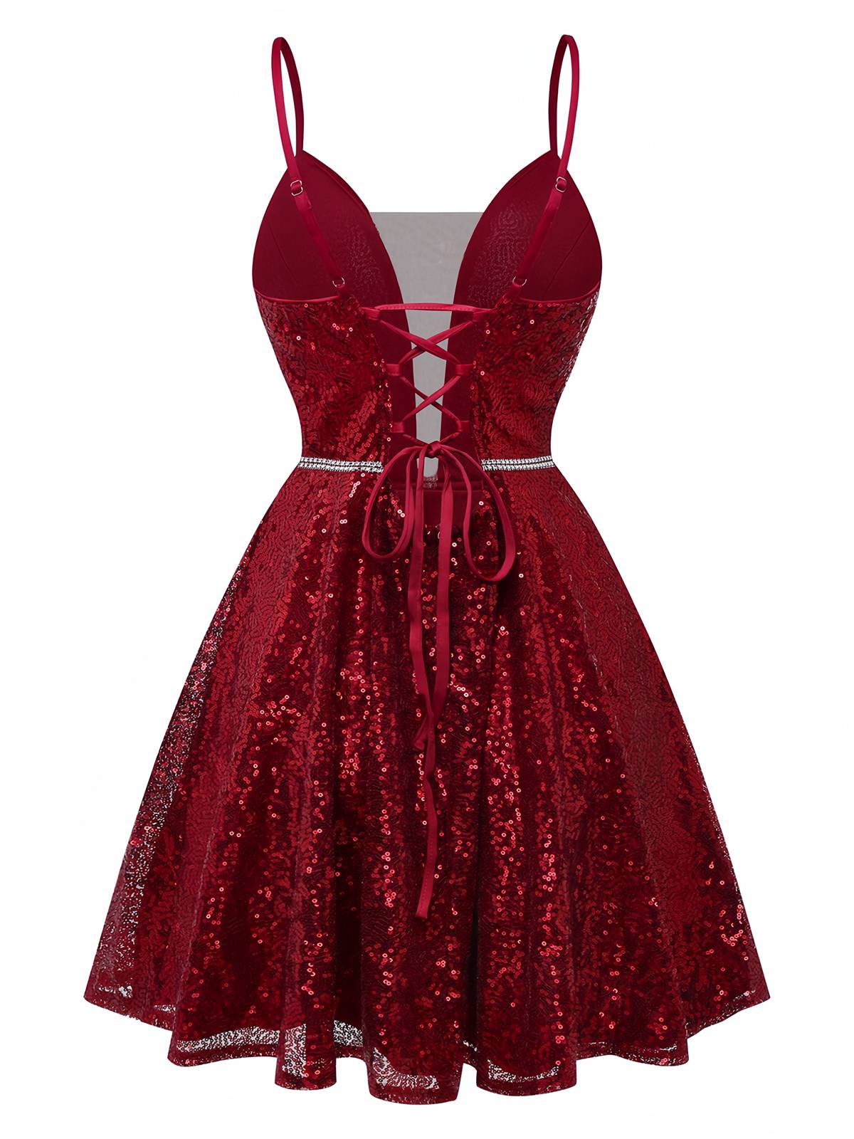 Weinrot 1950er Pailletten Tief-V Netz Kleid - Image 3