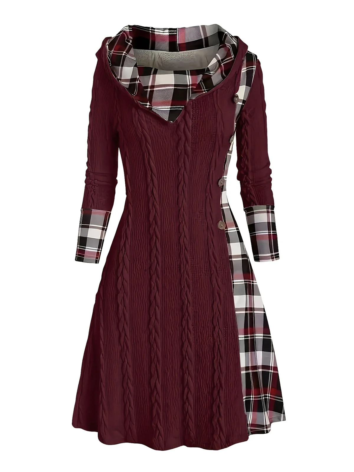 Schwarz 1950er Plaid Stricken Kapuze Kleid - Image 9