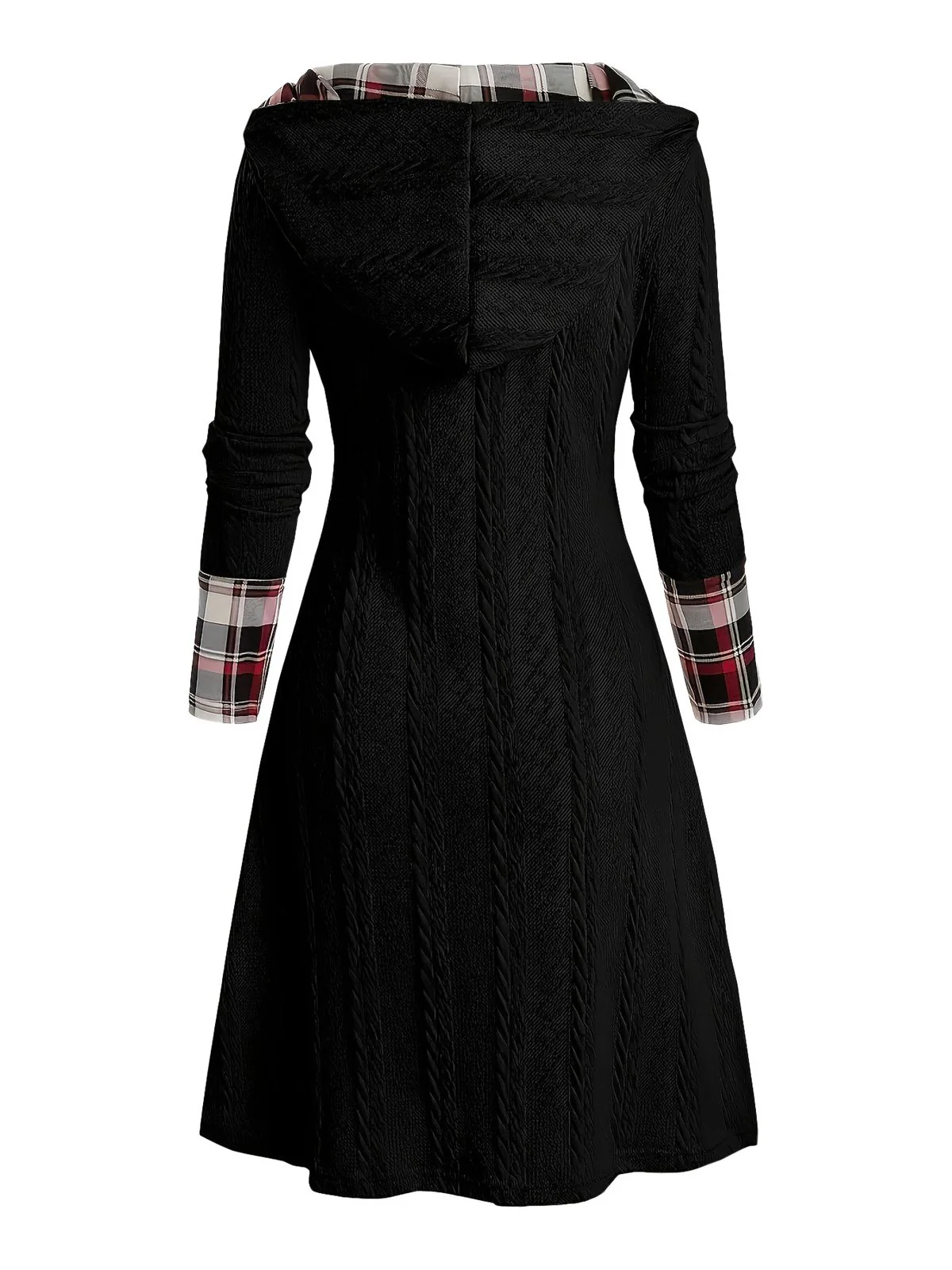 Schwarz 1950er Plaid Stricken Kapuze Kleid - Image 2