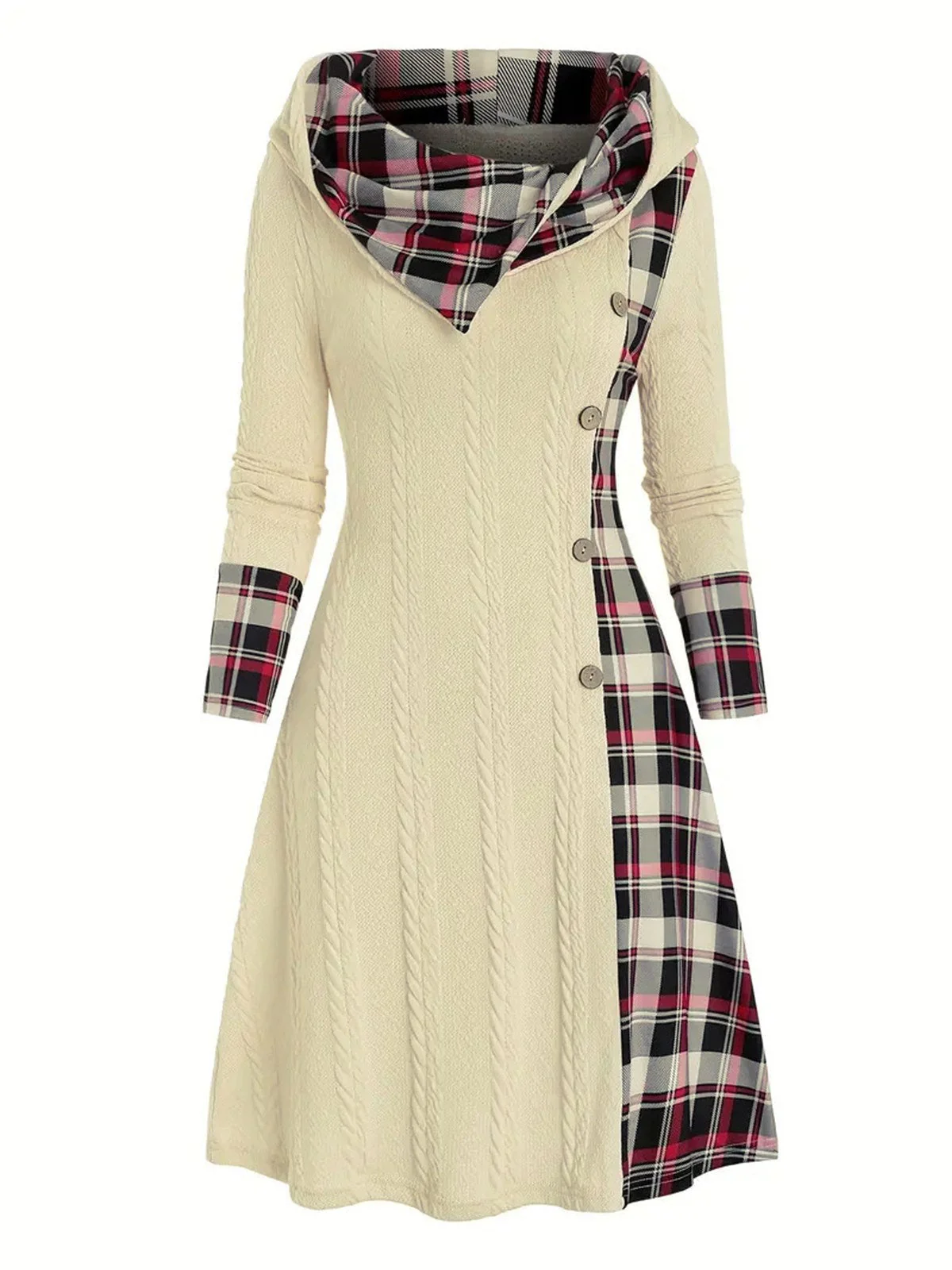 Schwarz 1950er Plaid Stricken Kapuze Kleid - Image 3