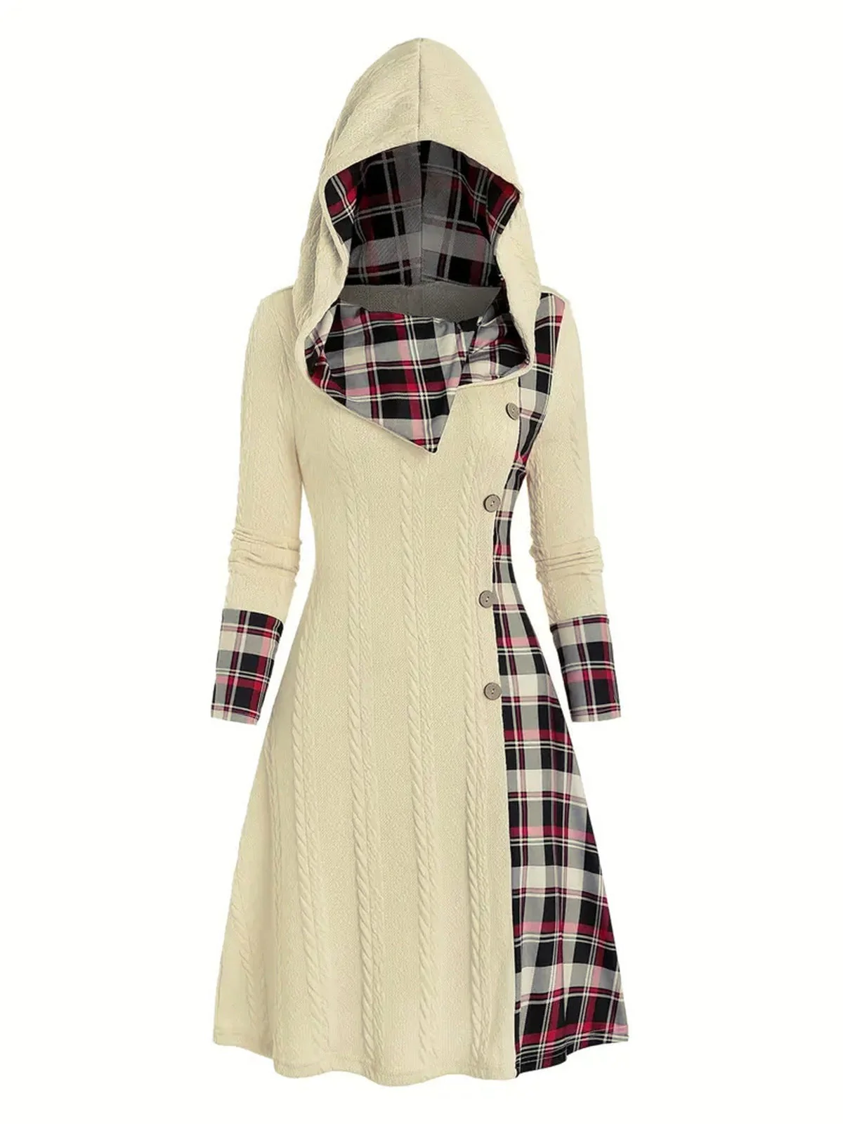 Schwarz 1950er Plaid Stricken Kapuze Kleid - Image 4