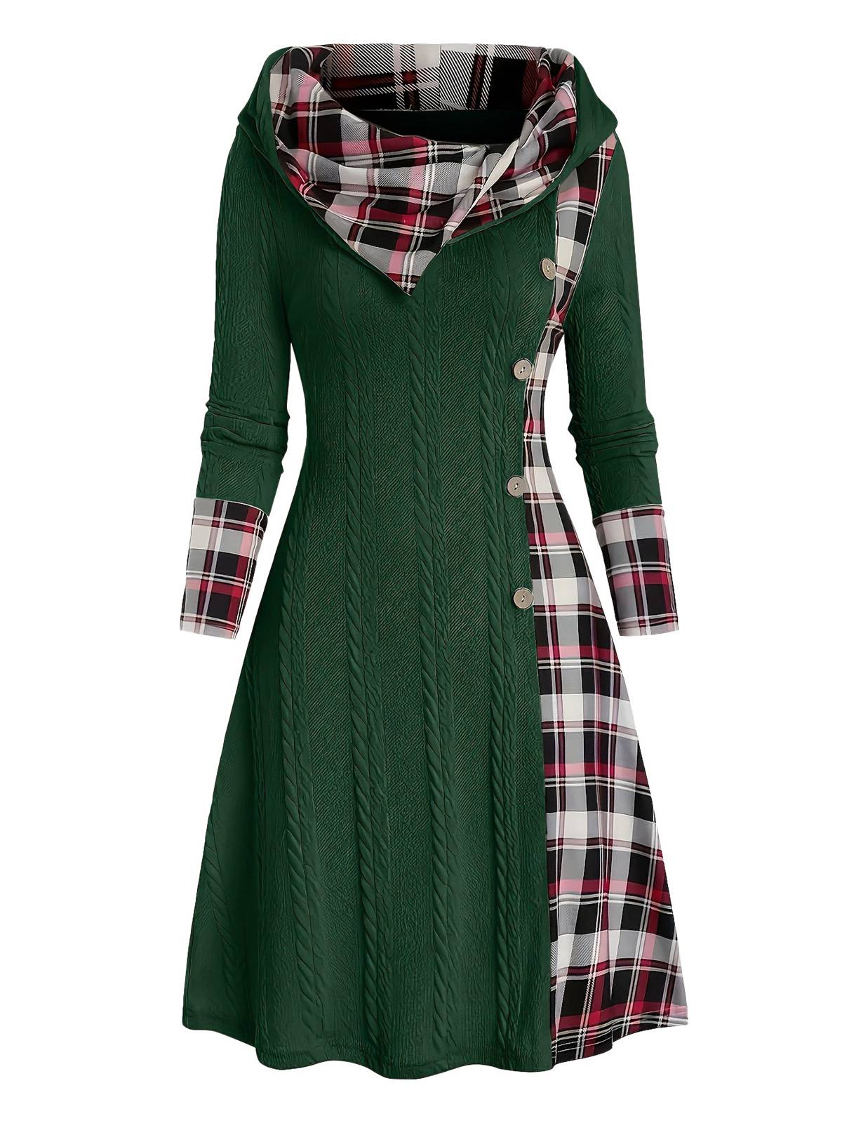 Schwarz 1950er Plaid Stricken Kapuze Kleid - Image 7