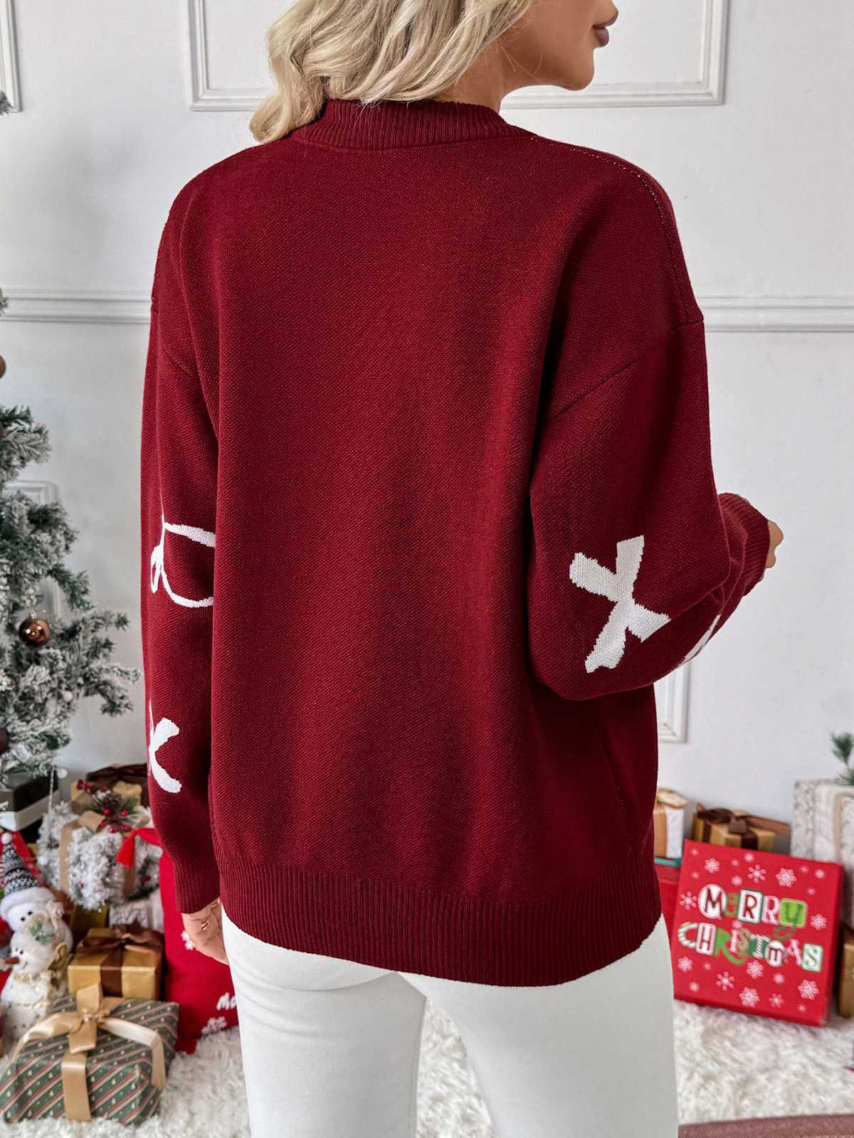Weinrot 1950er Schleifen Muster Pullover - Image 4