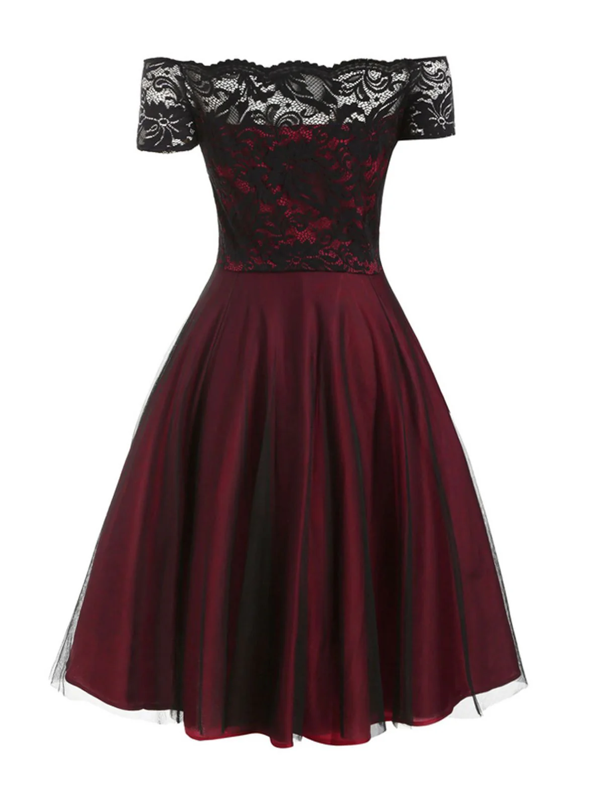 Weinrot 1950ER SCHULTERFREI SPITZE SWING BLUMEN KLEID - Image 2