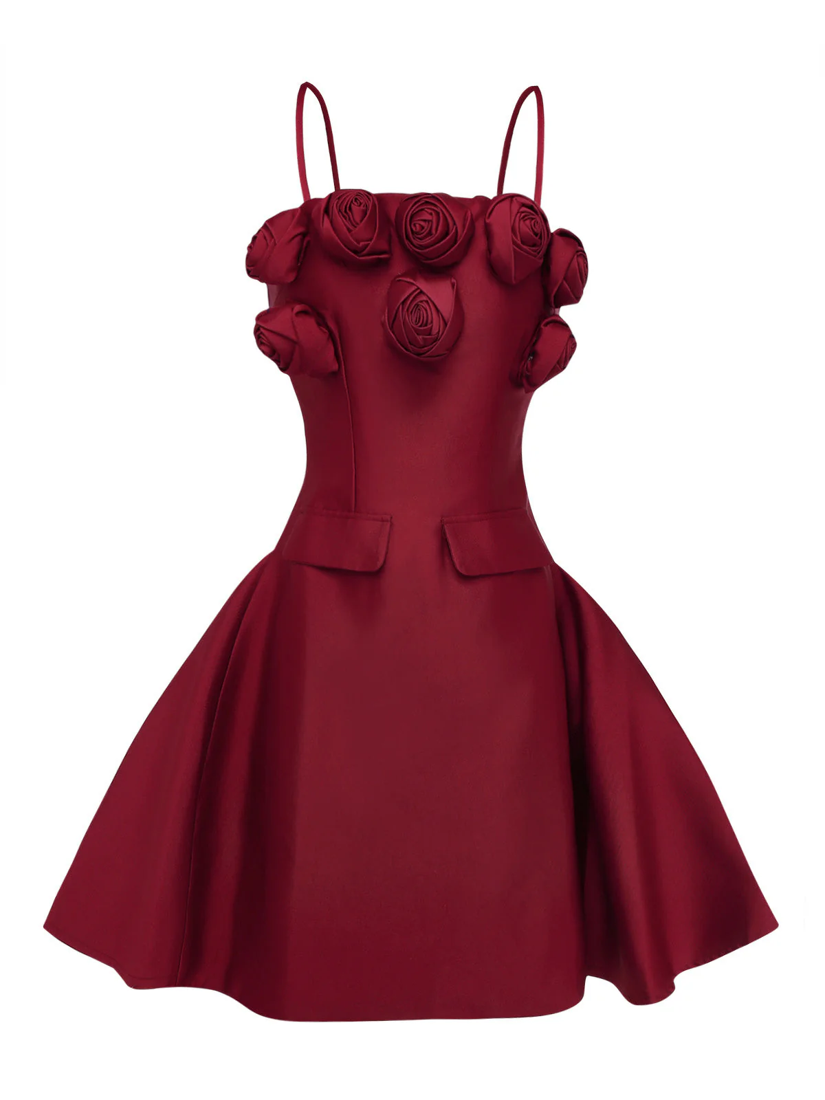 Weinrot 1960er Einfarbig 3D Blumen Kurz Kleid - Image 2