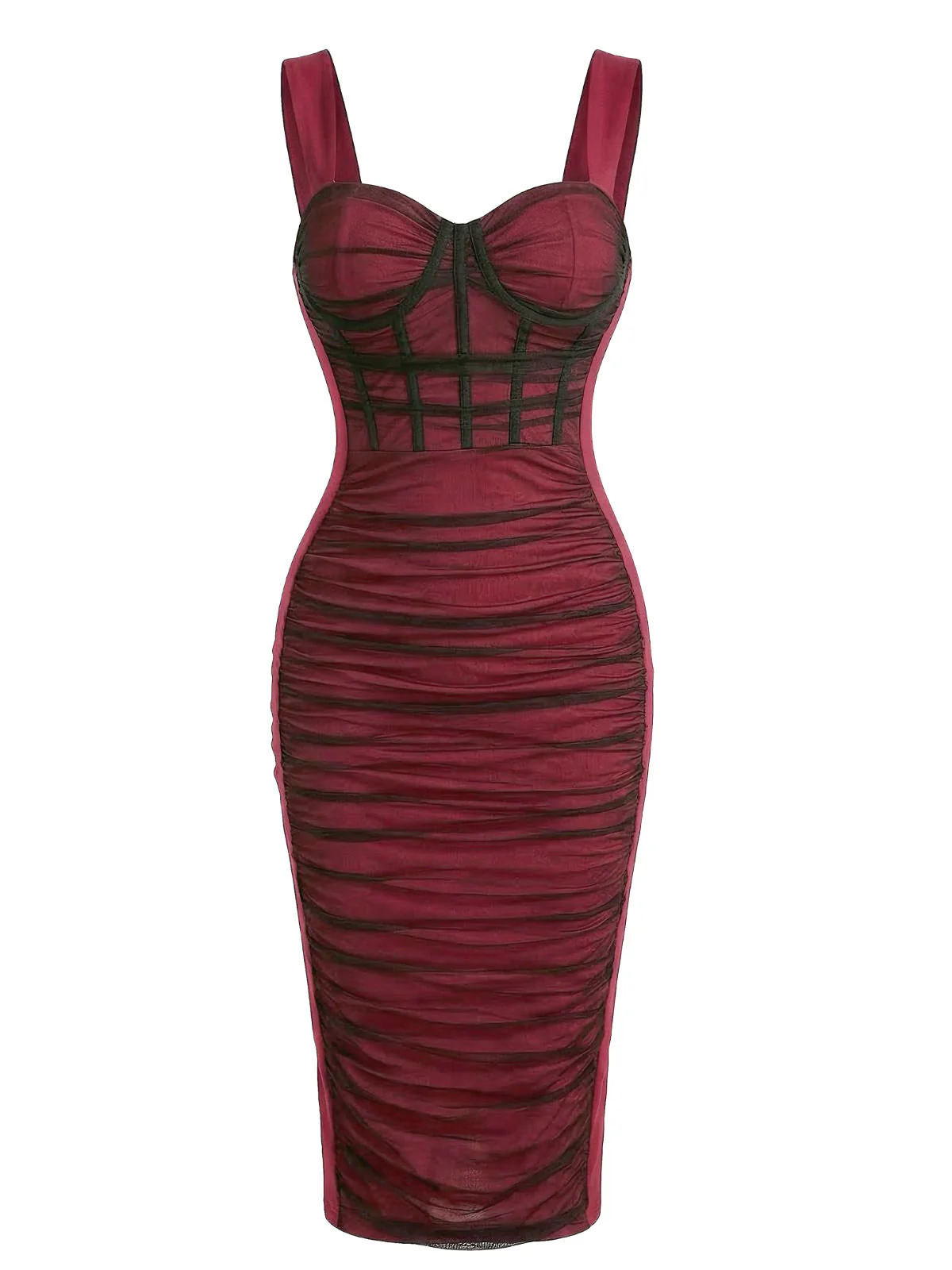 Weinrot 1960er Farbblock Figurbetont Gerafft Netz Kleid - Image 2