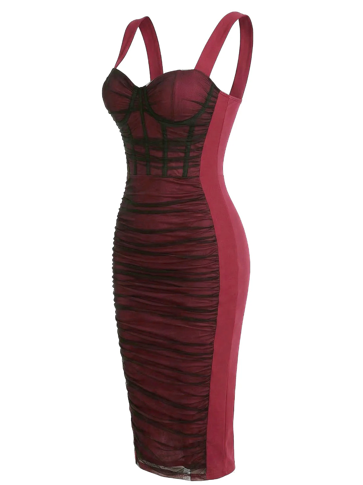 Weinrot 1960er Farbblock Figurbetont Gerafft Netz Kleid - Image 3
