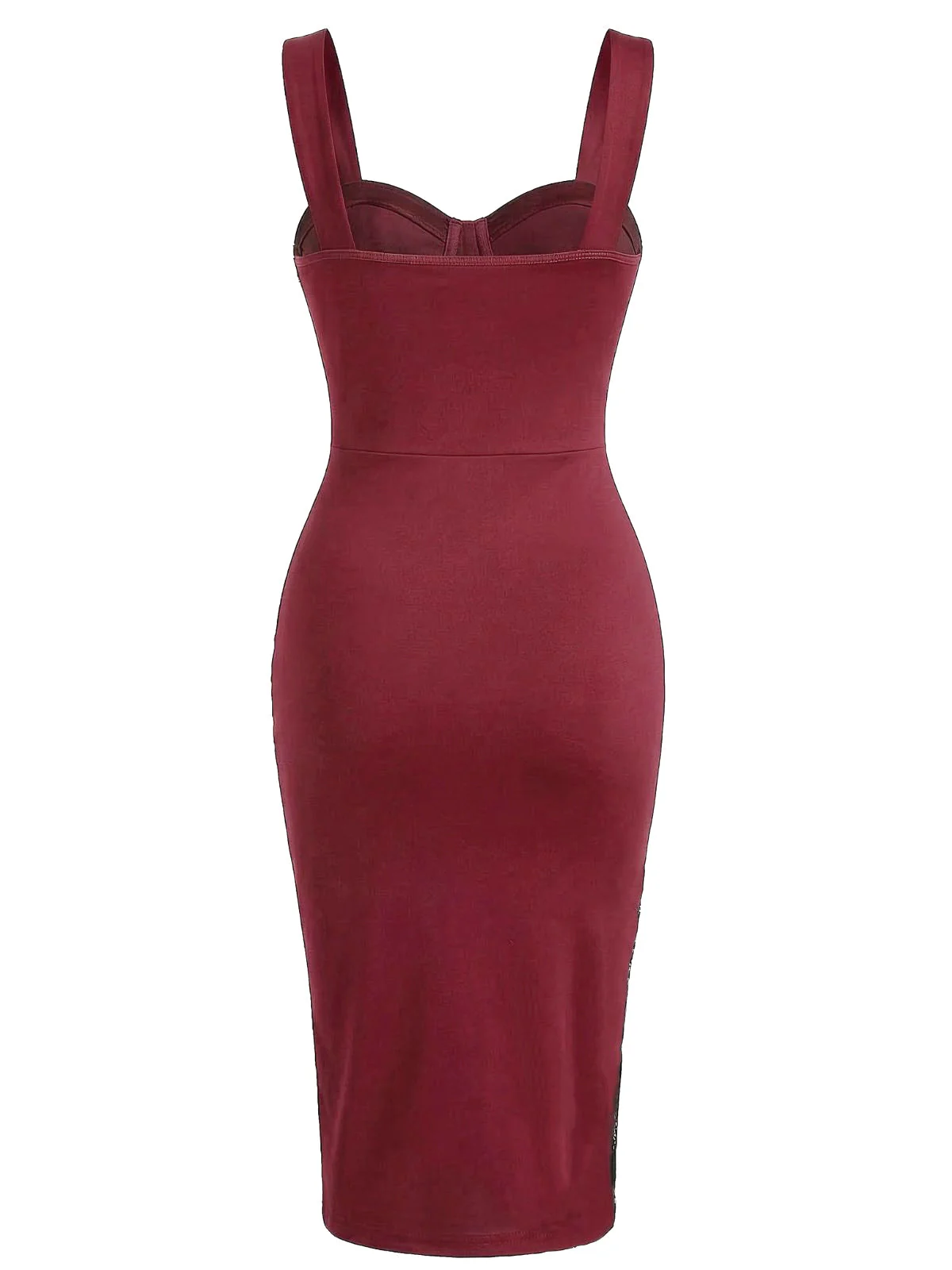 Weinrot 1960er Farbblock Figurbetont Gerafft Netz Kleid - Image 4