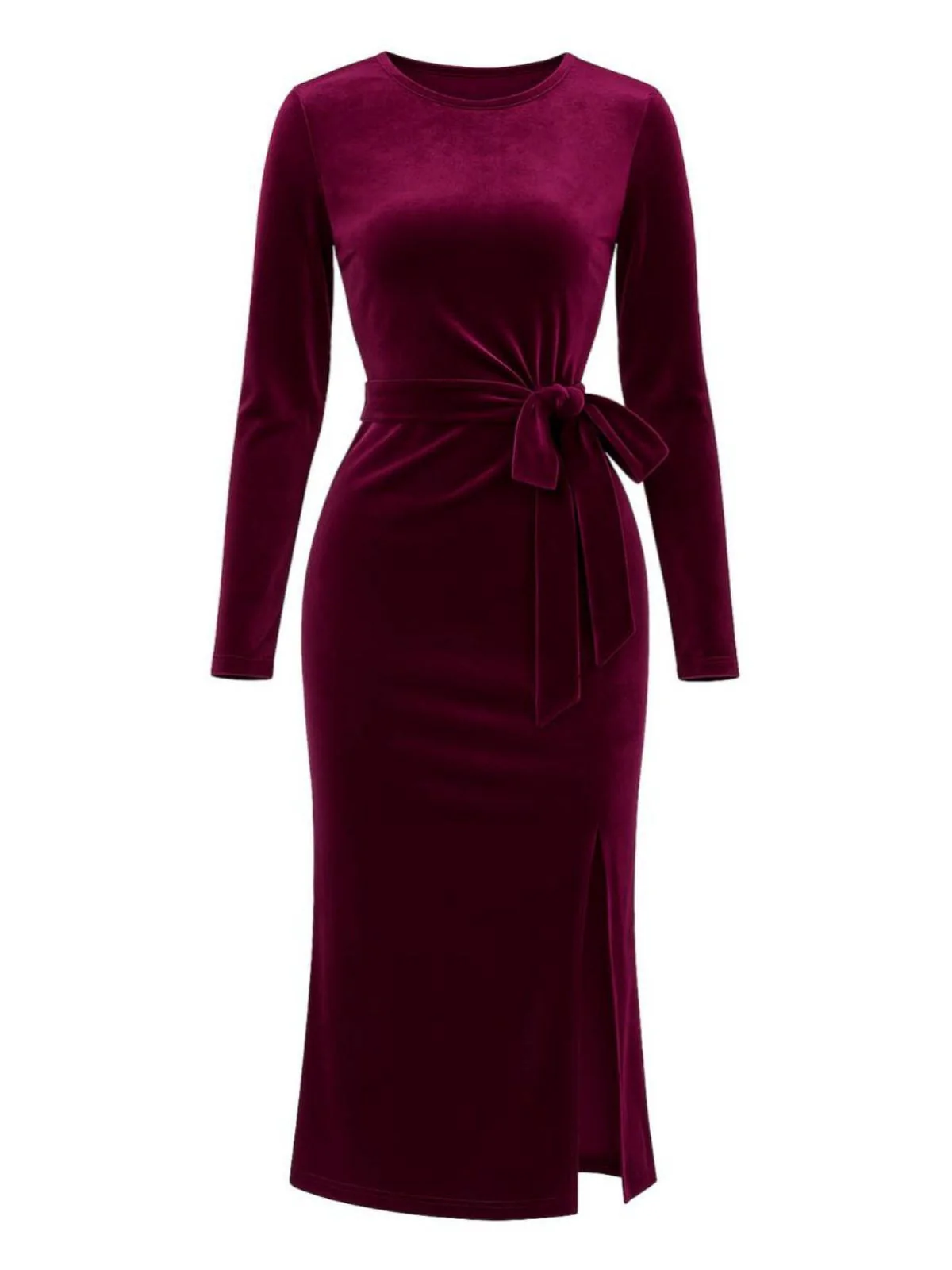 Weinrot 1960er Samt Taillenbindung Enges Kleid - Image 2