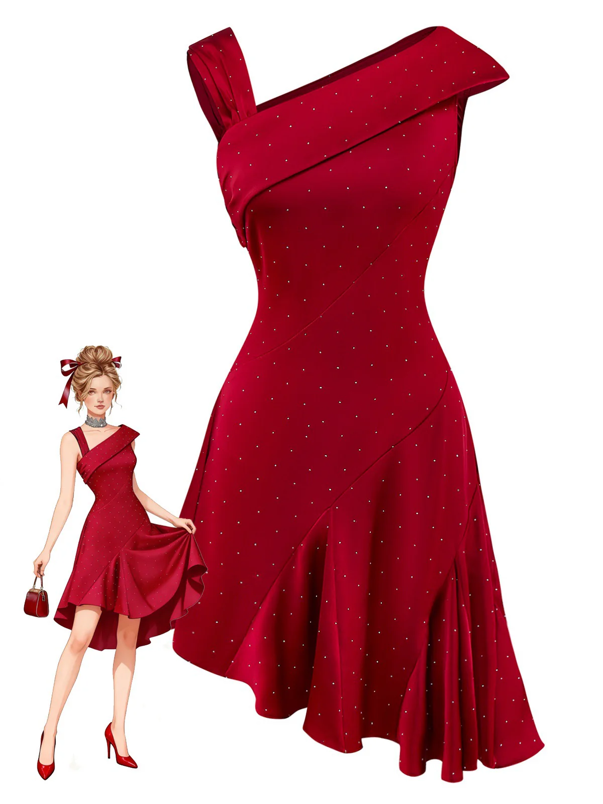 Weinrot 1960er Satin Strassstein Schulterfrei Kleid
