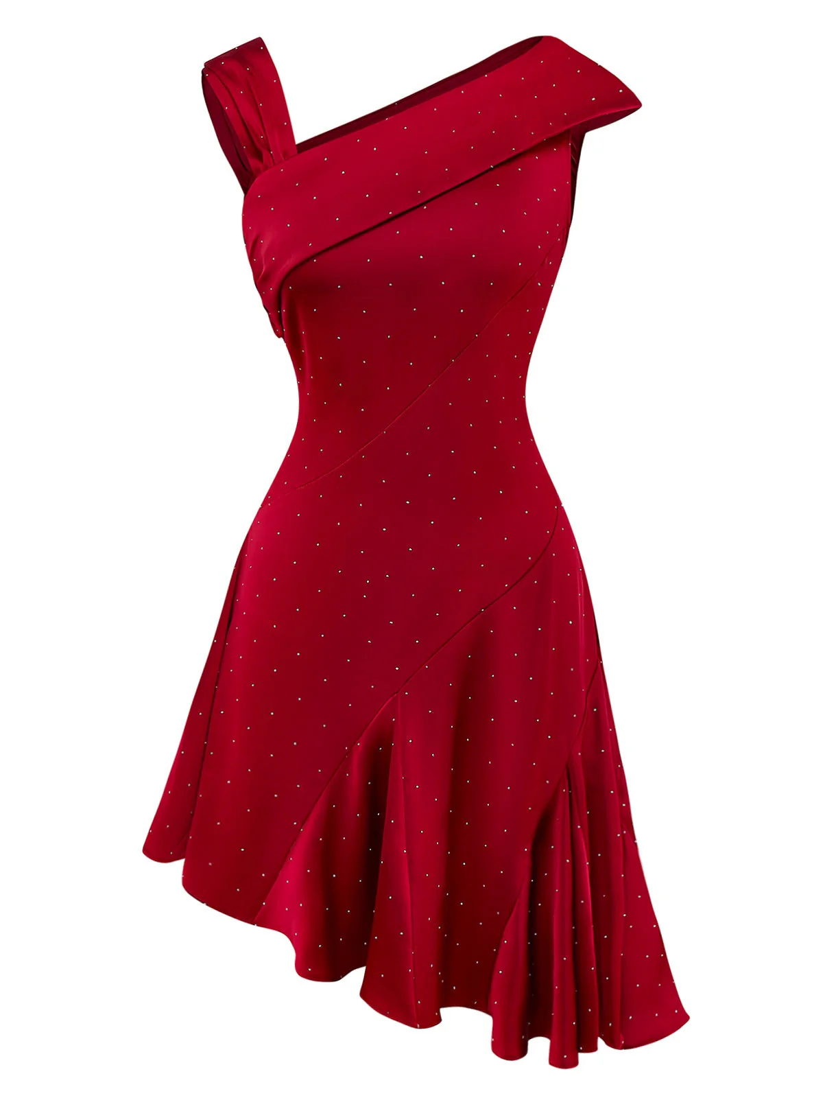 Weinrot 1960er Satin Strassstein Schulterfrei Kleid - Image 2
