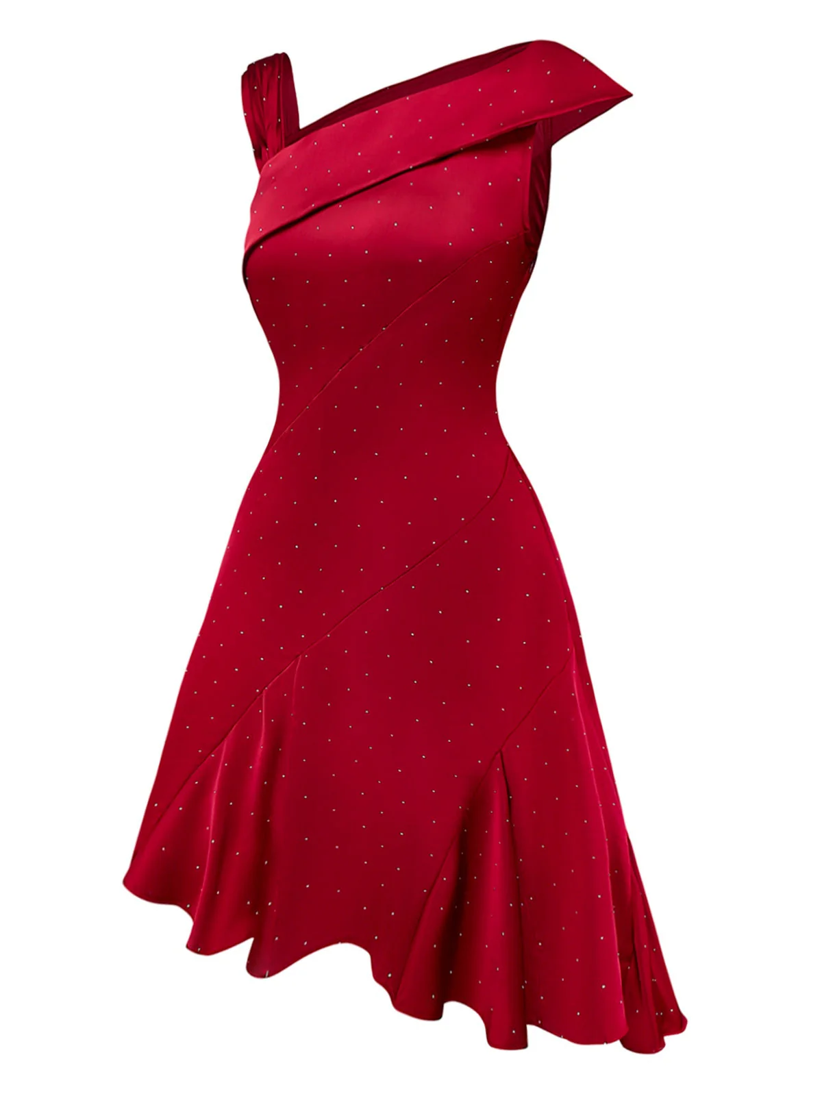 Weinrot 1960er Satin Strassstein Schulterfrei Kleid - Image 3